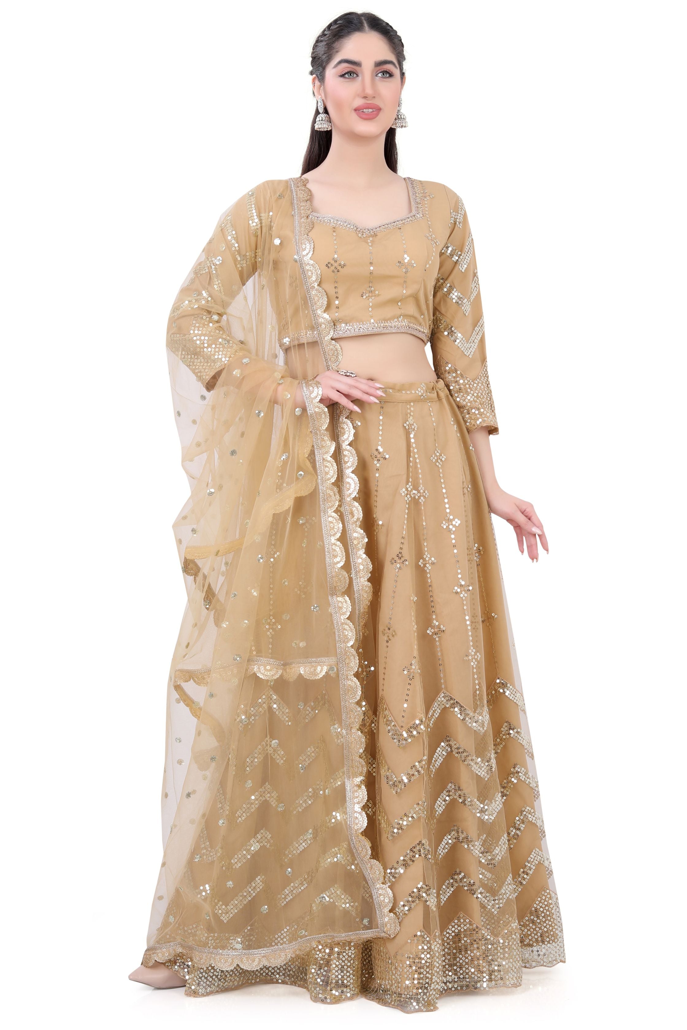 Gold Net Lehenga Choli - Premium Partywear Lehenga from Dulhan Exclusives - Just $150! Shop now at Dulhan Exclusives