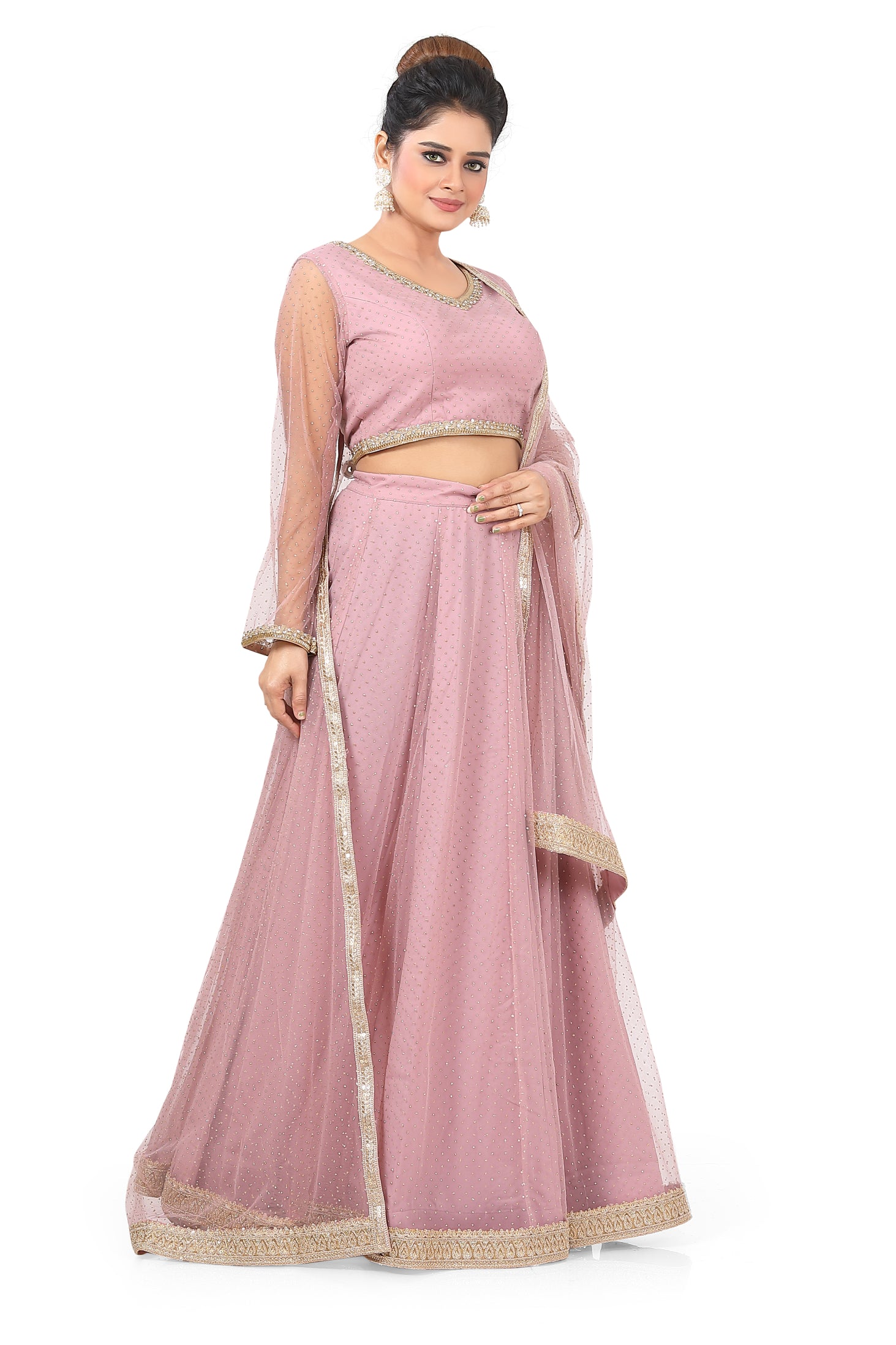 Dusty Pink Net Lehenga Choli - Premium Partywear Lehenga from Dulhan Exclusives - Just $150! Shop now at Dulhan Exclusives