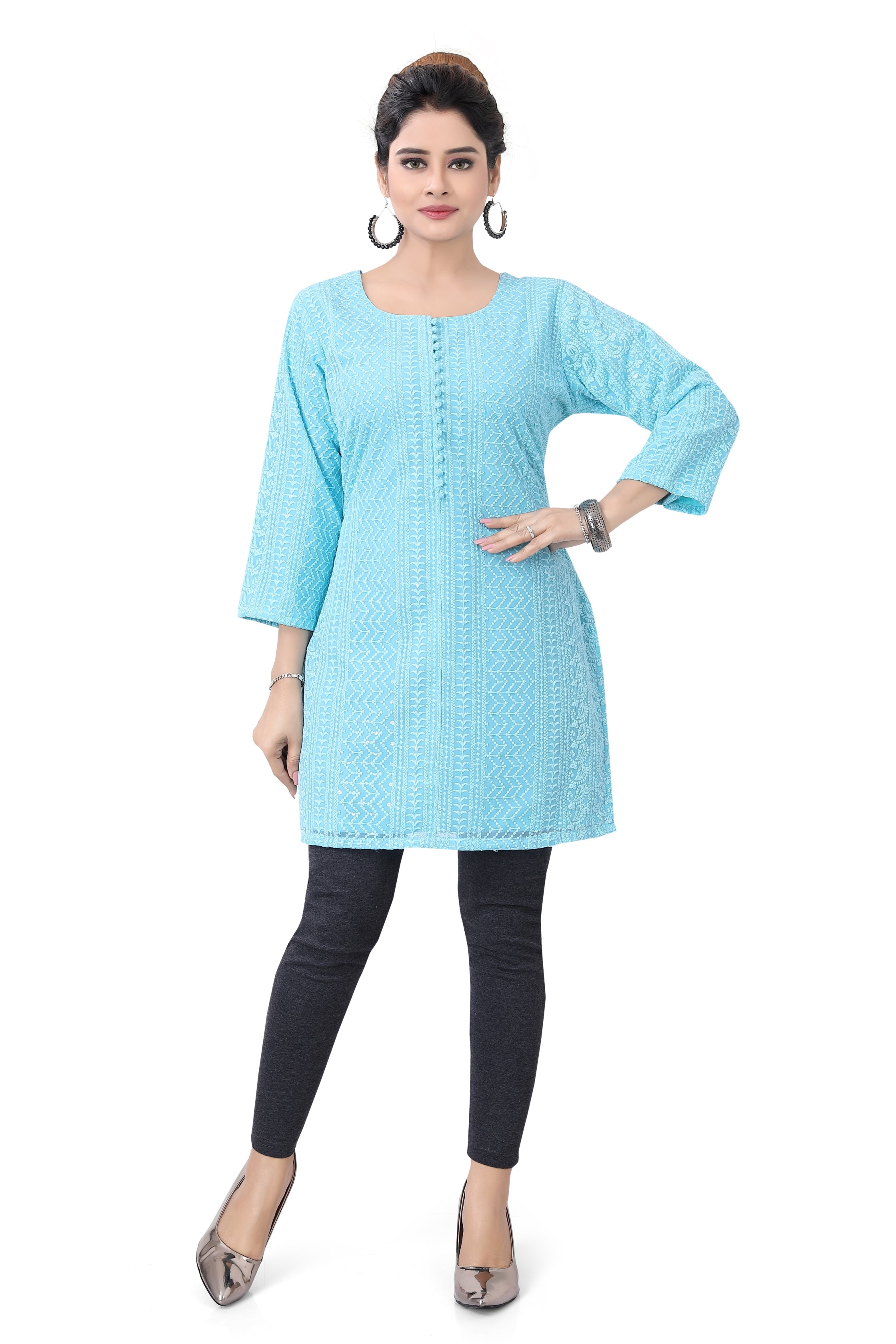 Light Blue Chikankari Short Kurti - Premium Short Kurti from Dulhan Exclusives - Just $75! Shop now at Dulhan Exclusives