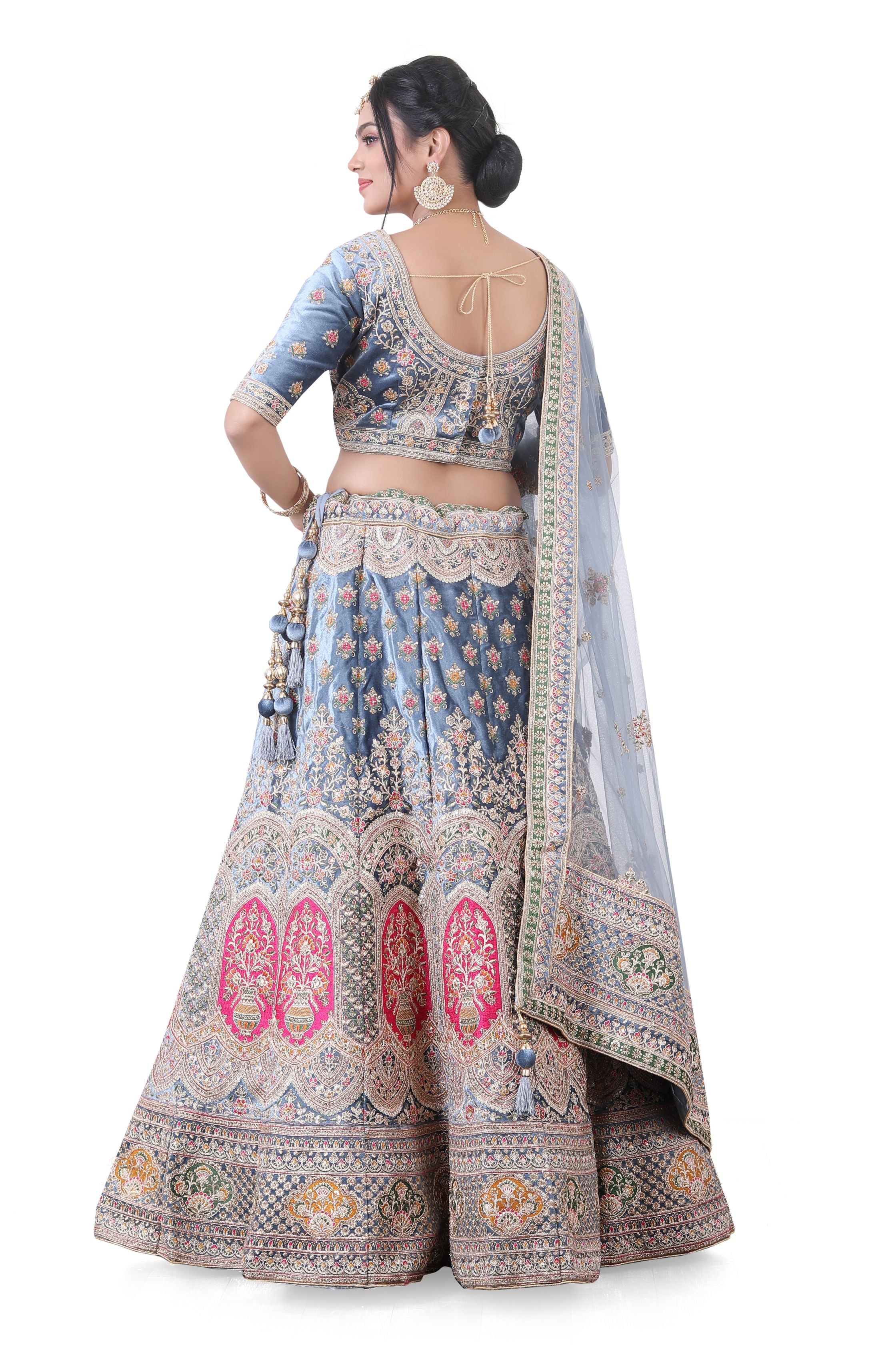 Powder blue Velvet Bridal Lehenga Choli - Premium Bridal lehenga from Dulhan Exclusives - Just $1185! Shop now at Dulhan Exclusives