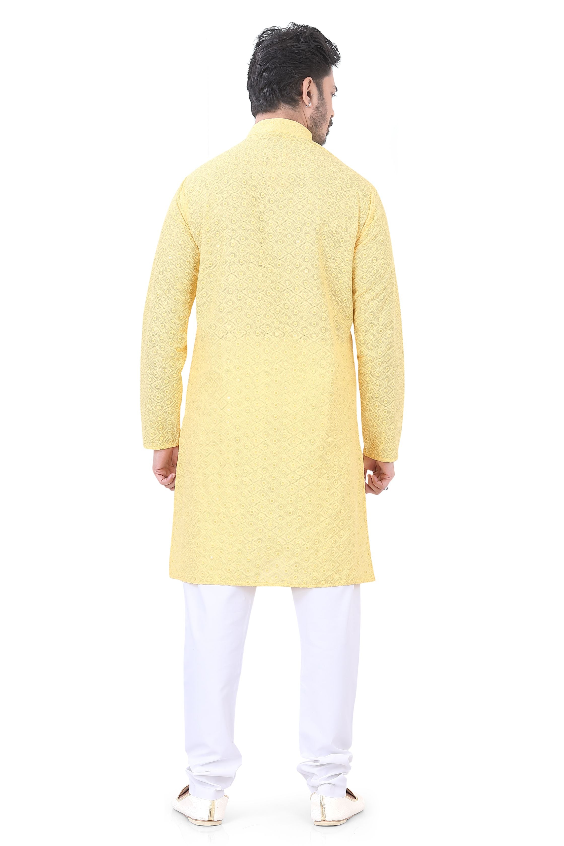 Lucknowi Cotton Kurta Pajama Set in Yellow
