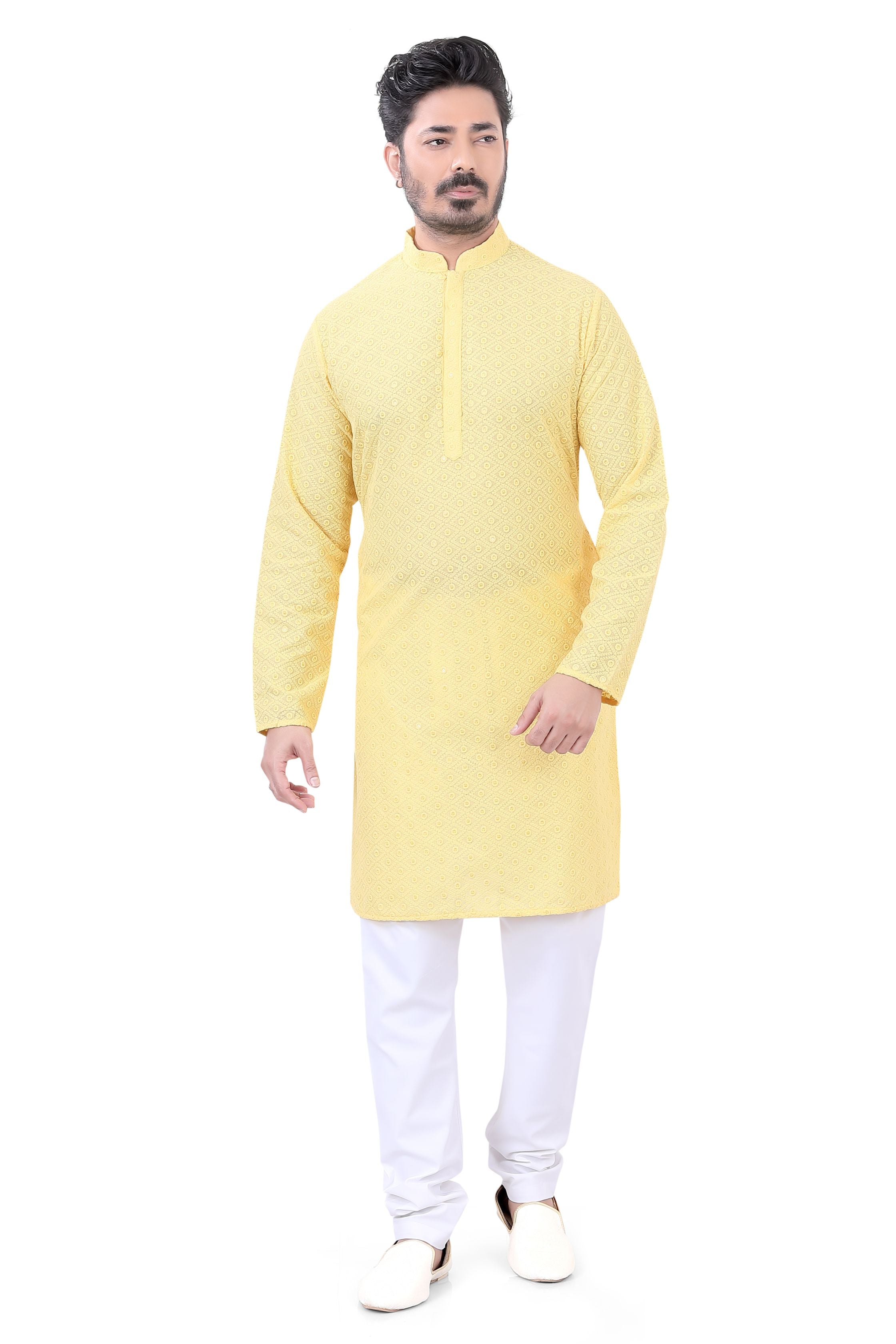 Lucknowi Cotton Kurta Pajama Set in Yellow