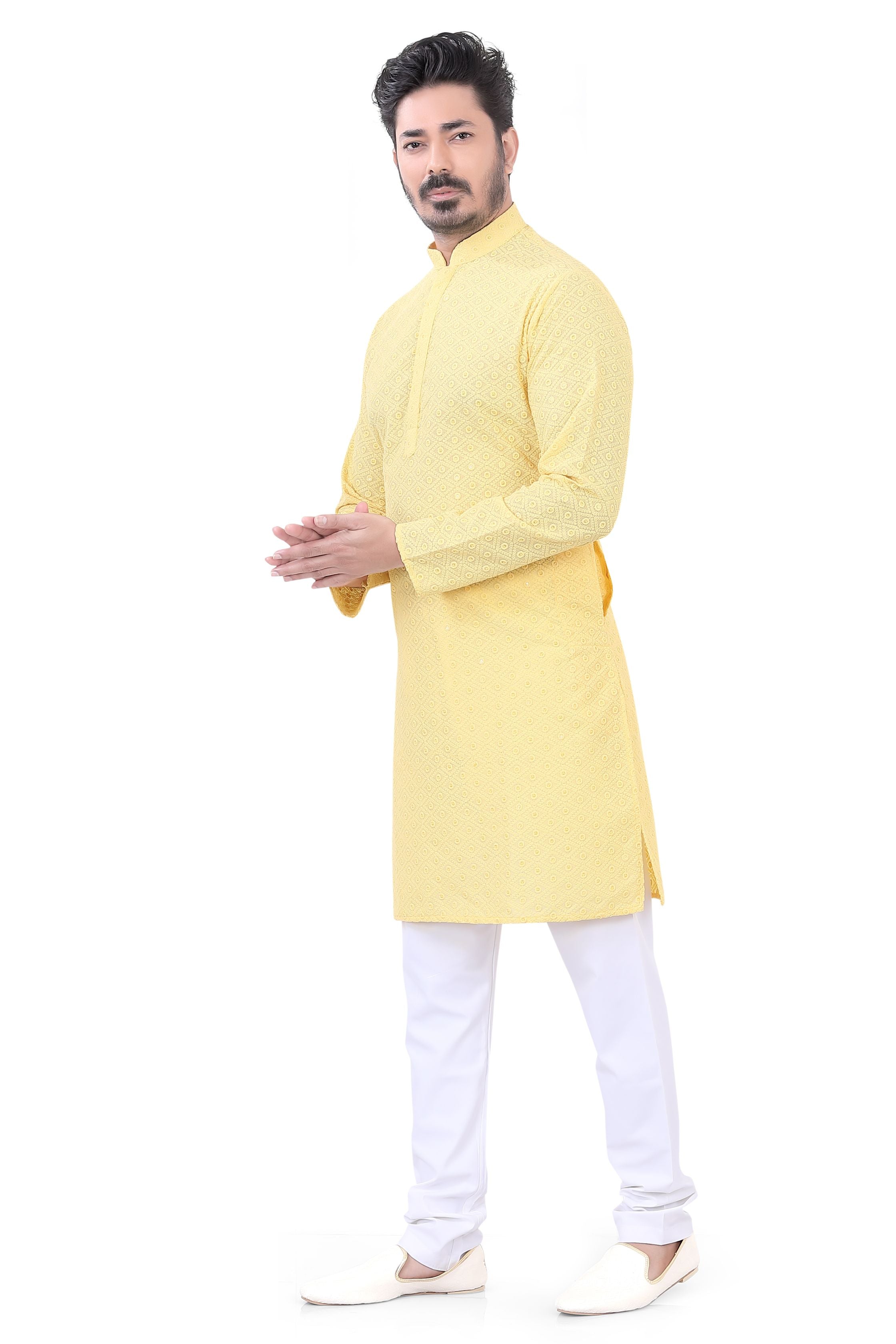 Lucknowi Cotton Kurta Pajama Set in Yellow