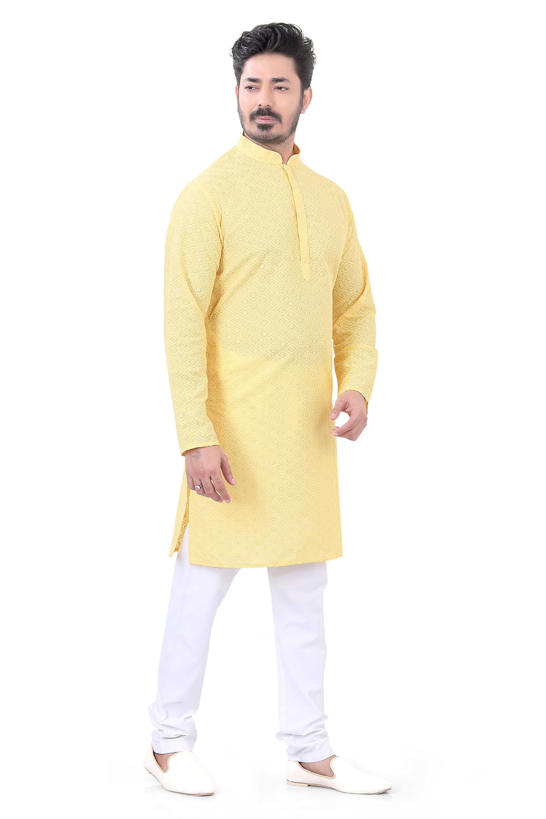 Lucknowi Cotton Kurta Pajama Set in Yellow