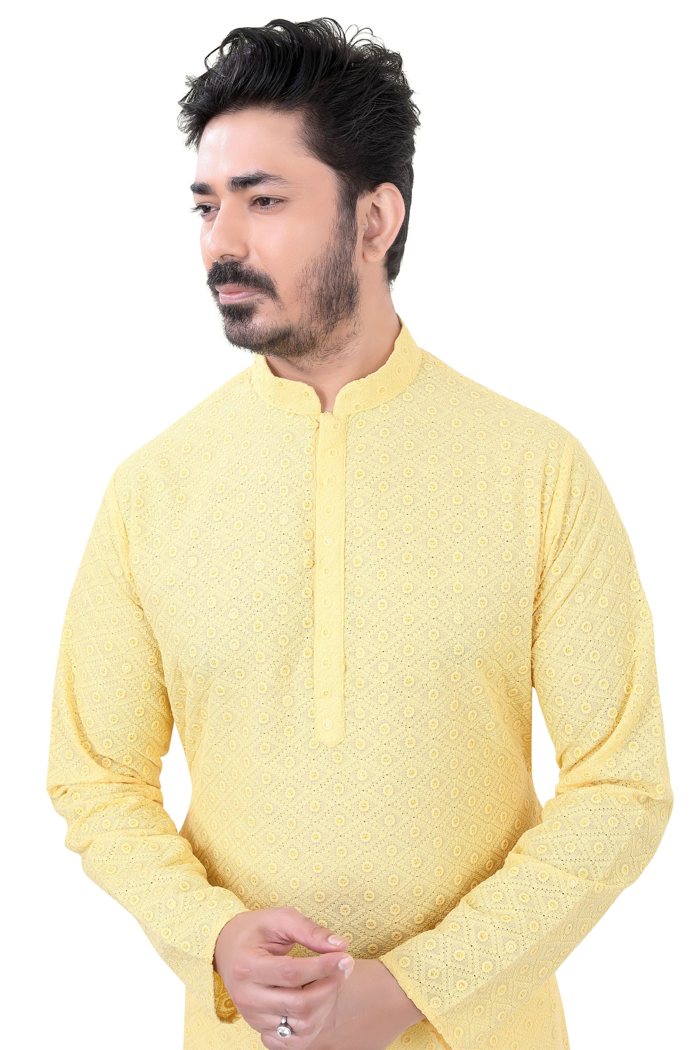Lucknowi Cotton Kurta Pajama Set in Yellow