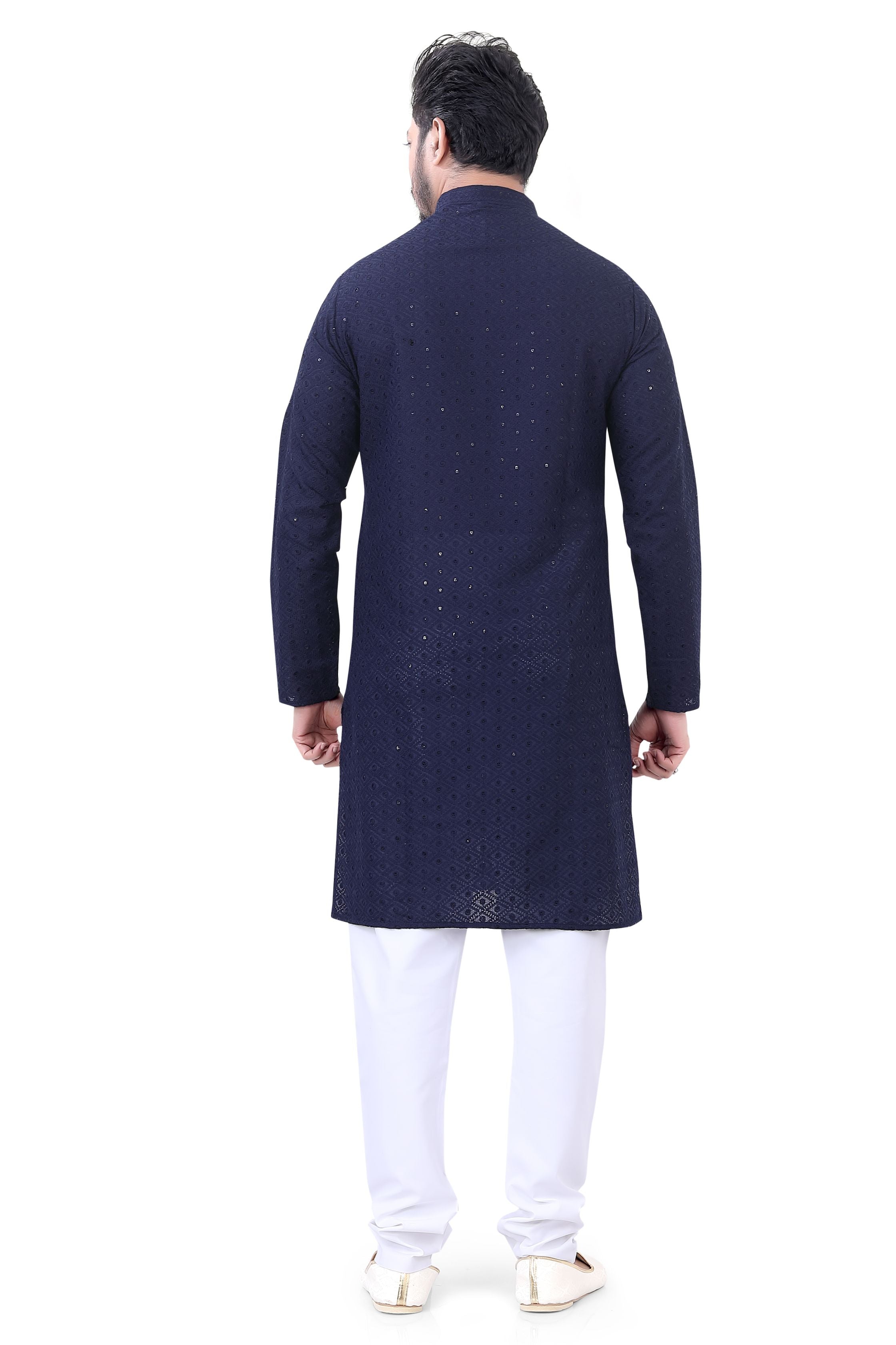 Lucknowi Cotton Kurta Pajama Set in Navy Blue