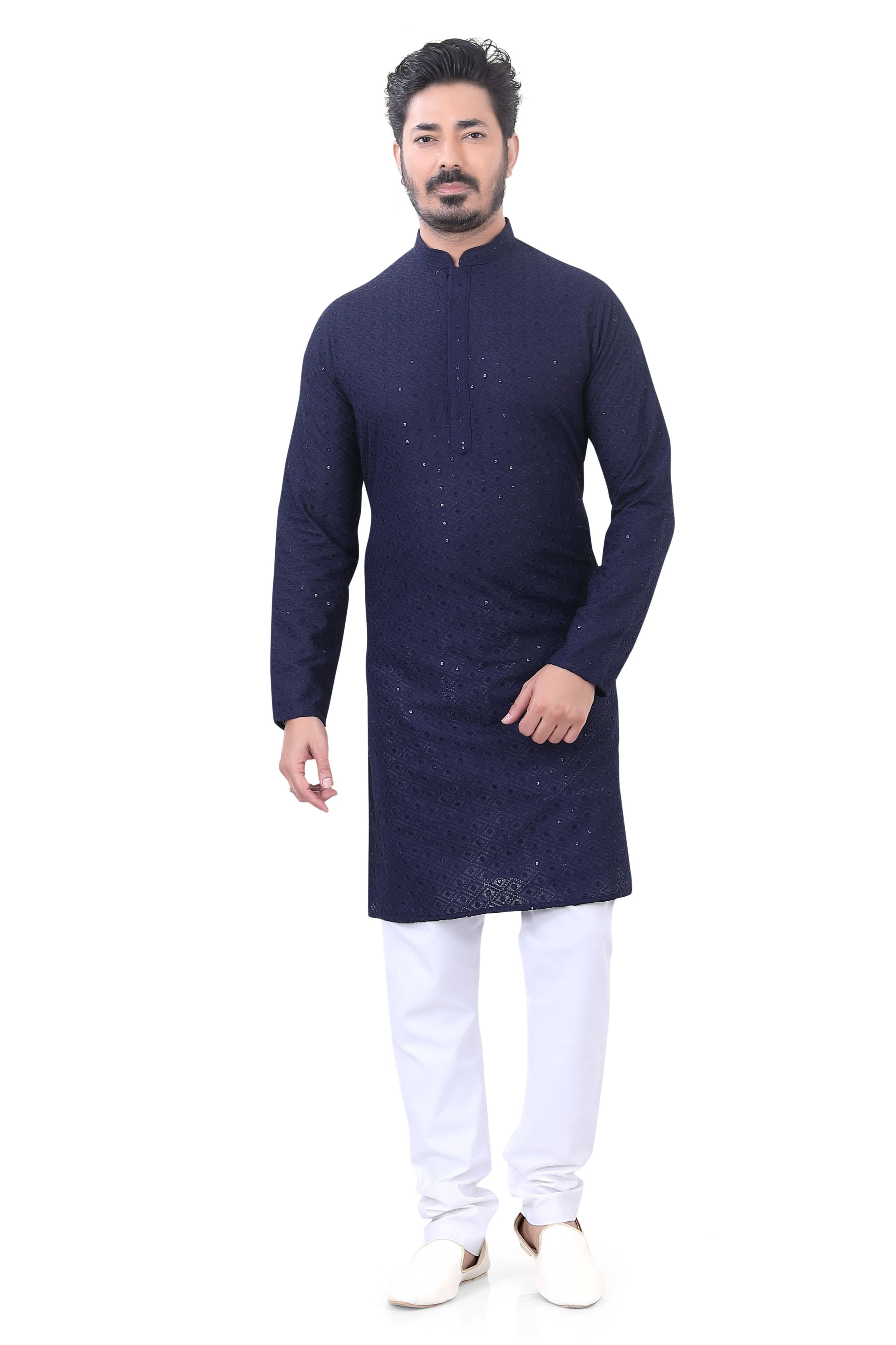 Lucknowi Cotton Kurta Pajama Set in Navy Blue