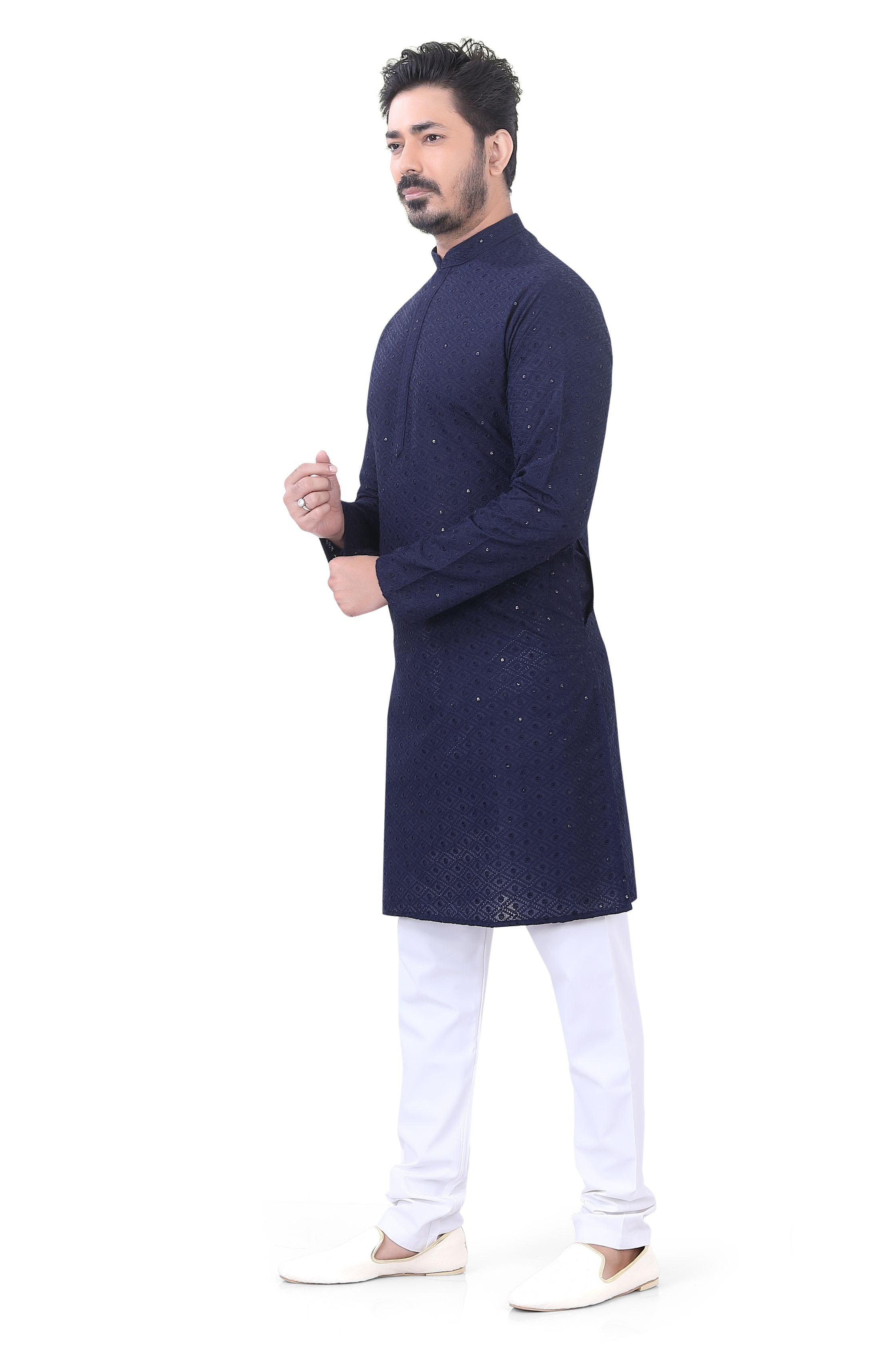 Lucknowi Cotton Kurta Pajama Set in Navy Blue