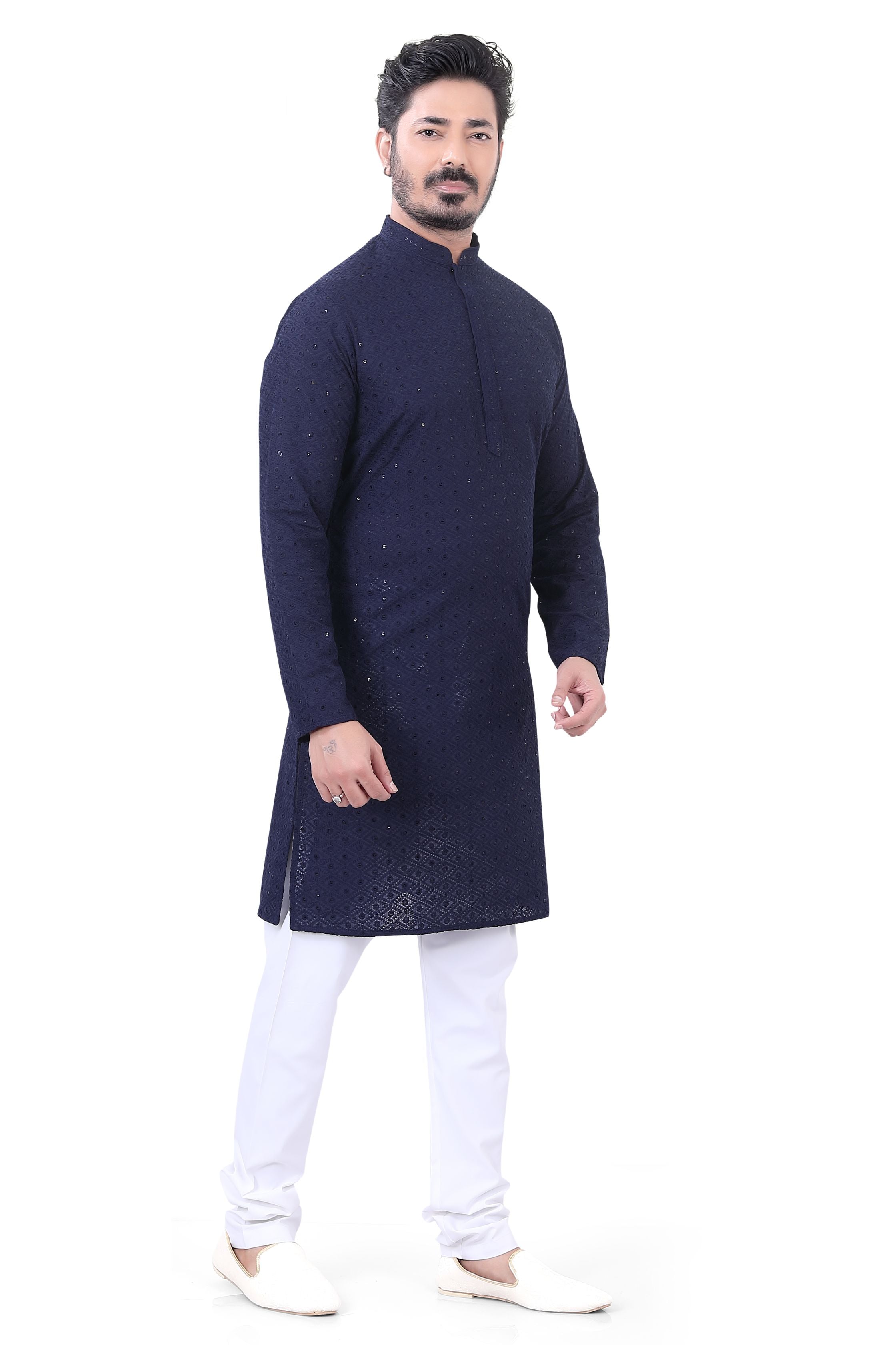 Lucknowi Cotton Kurta Pajama Set in Navy Blue