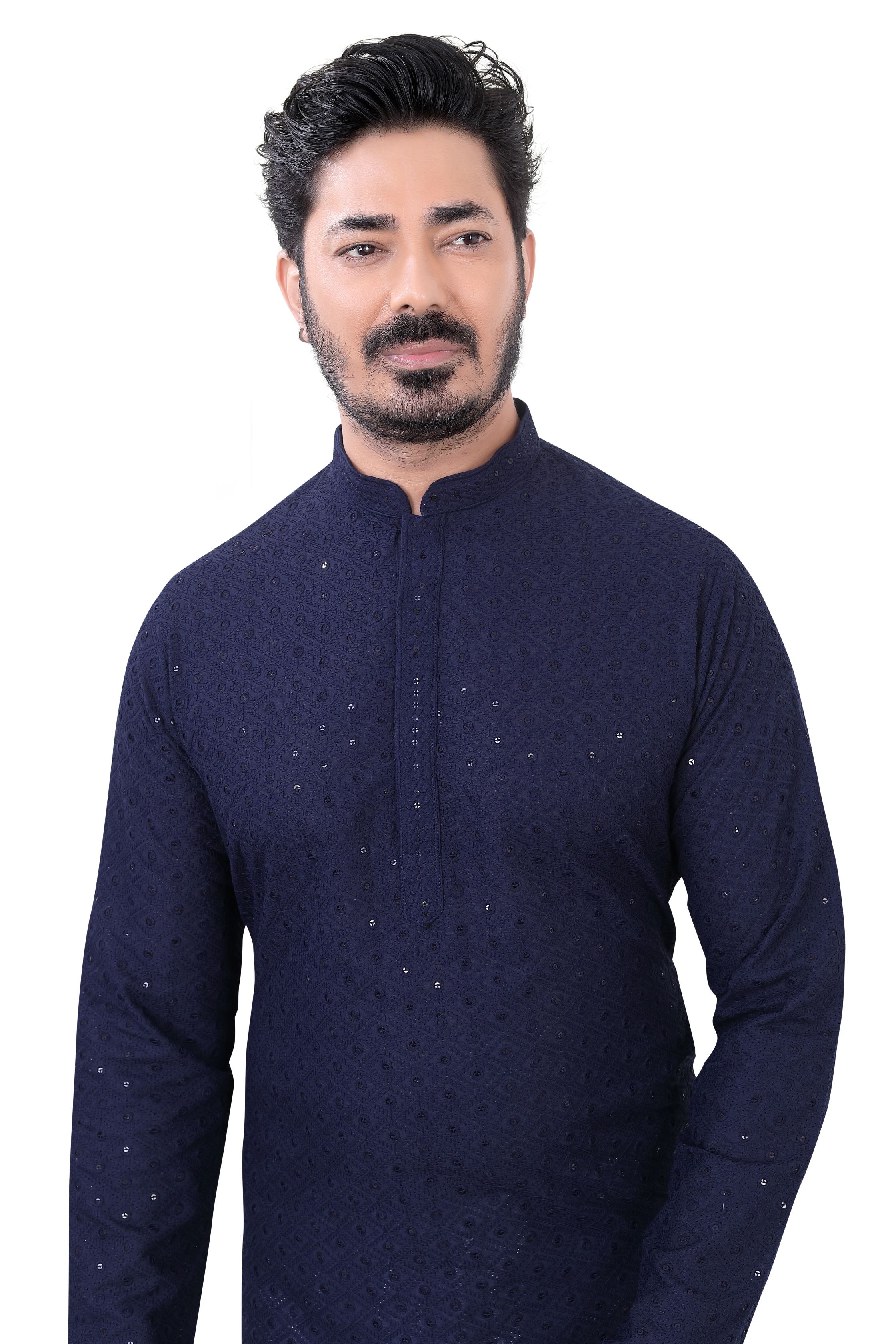 Lucknowi Cotton Kurta Pajama Set in Navy Blue