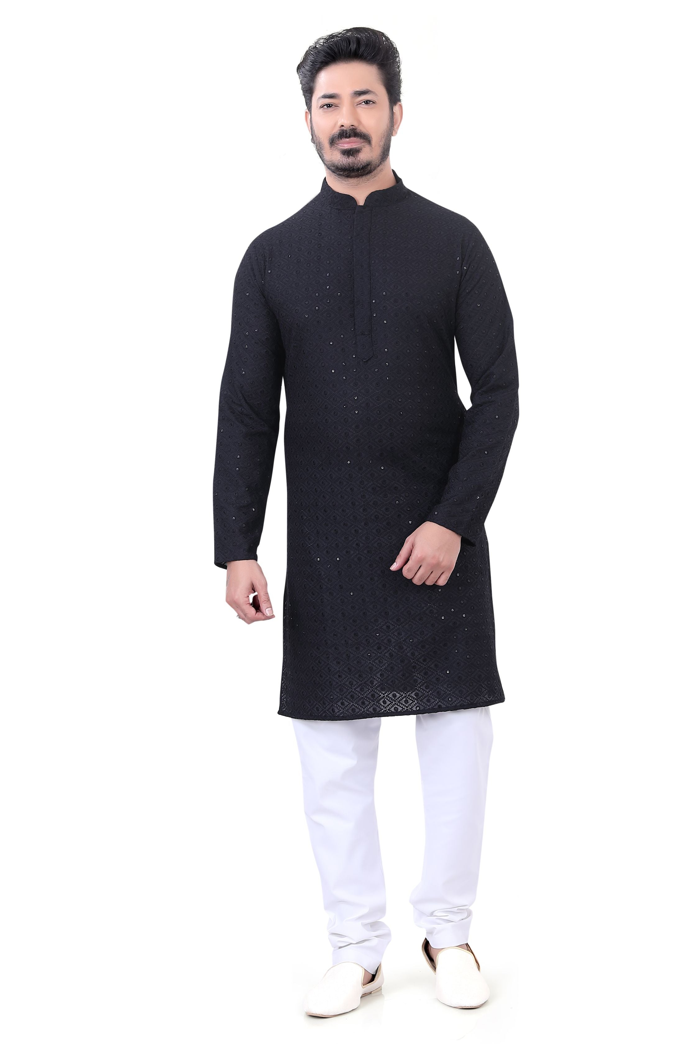 Lucknowi Cotton Kurta Pajama Set in Black