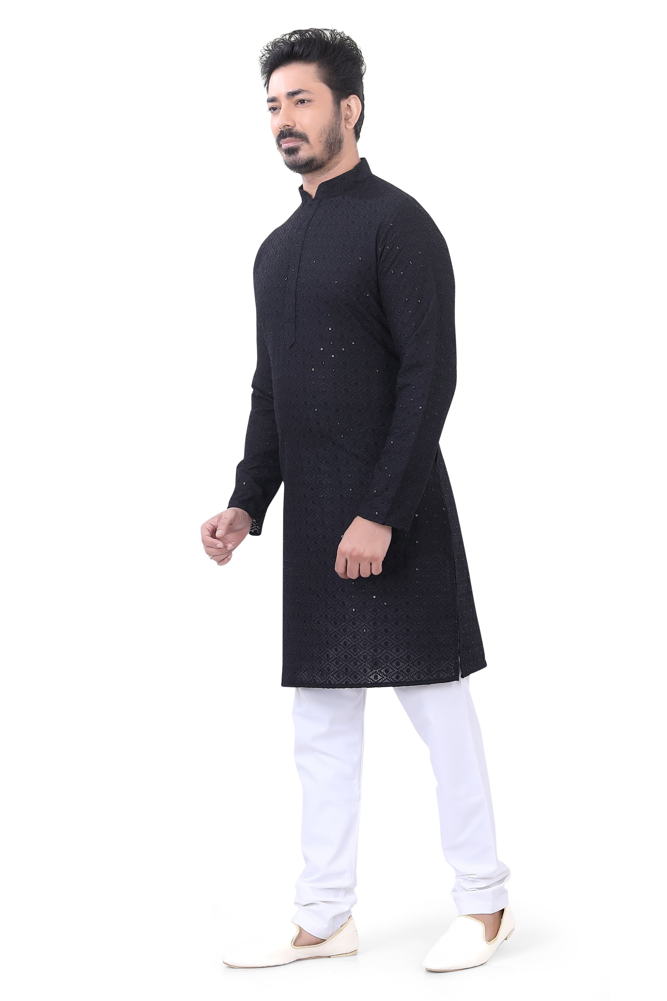 Lucknowi Cotton Kurta Pajama Set in Black