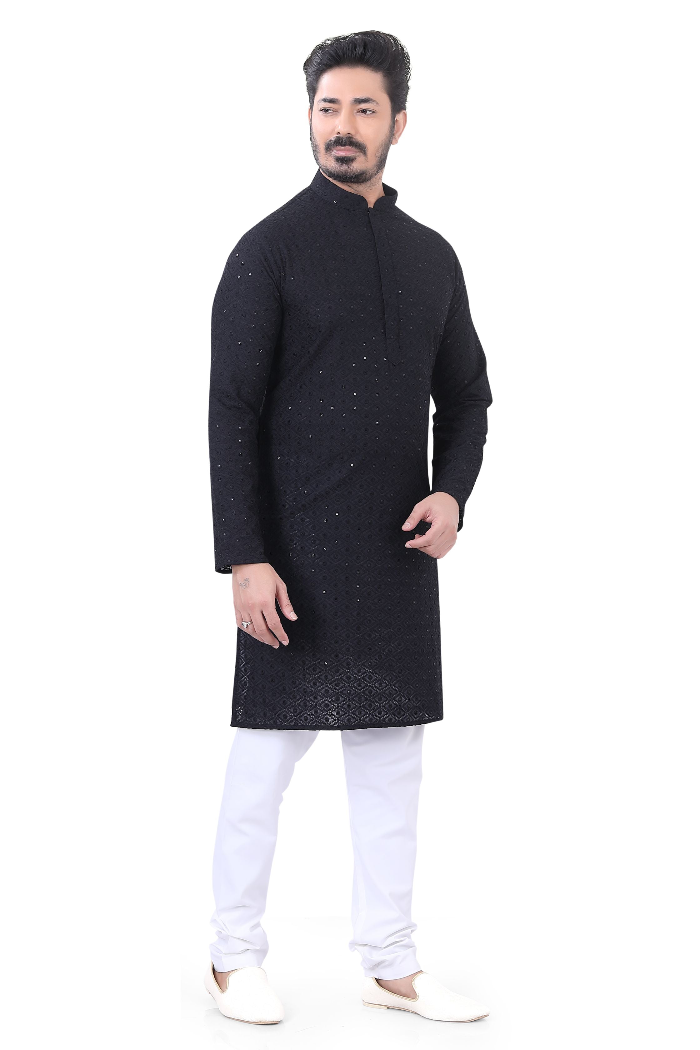 Lucknowi Cotton Kurta Pajama Set in Black