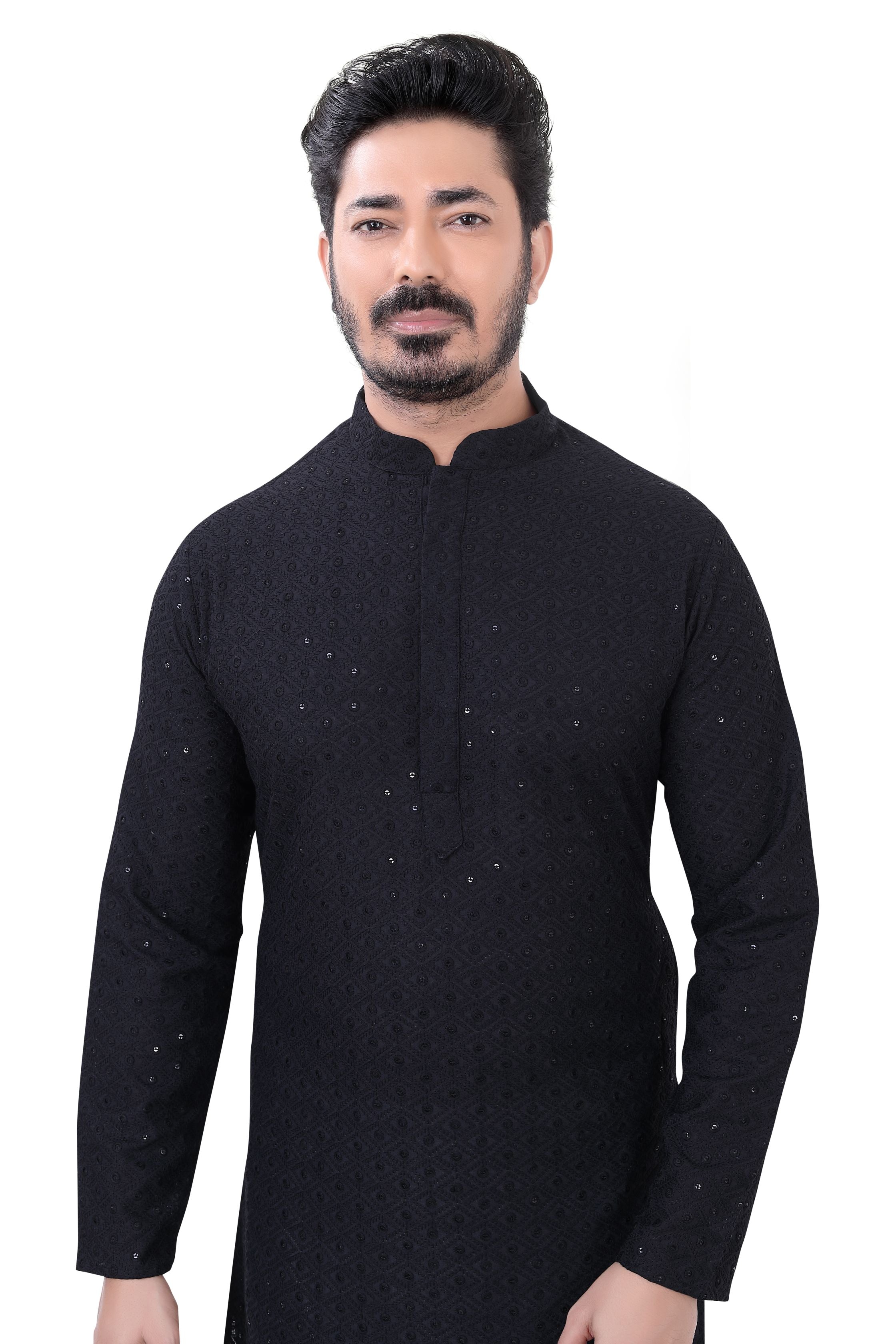 Lucknowi Cotton Kurta Pajama Set in Black
