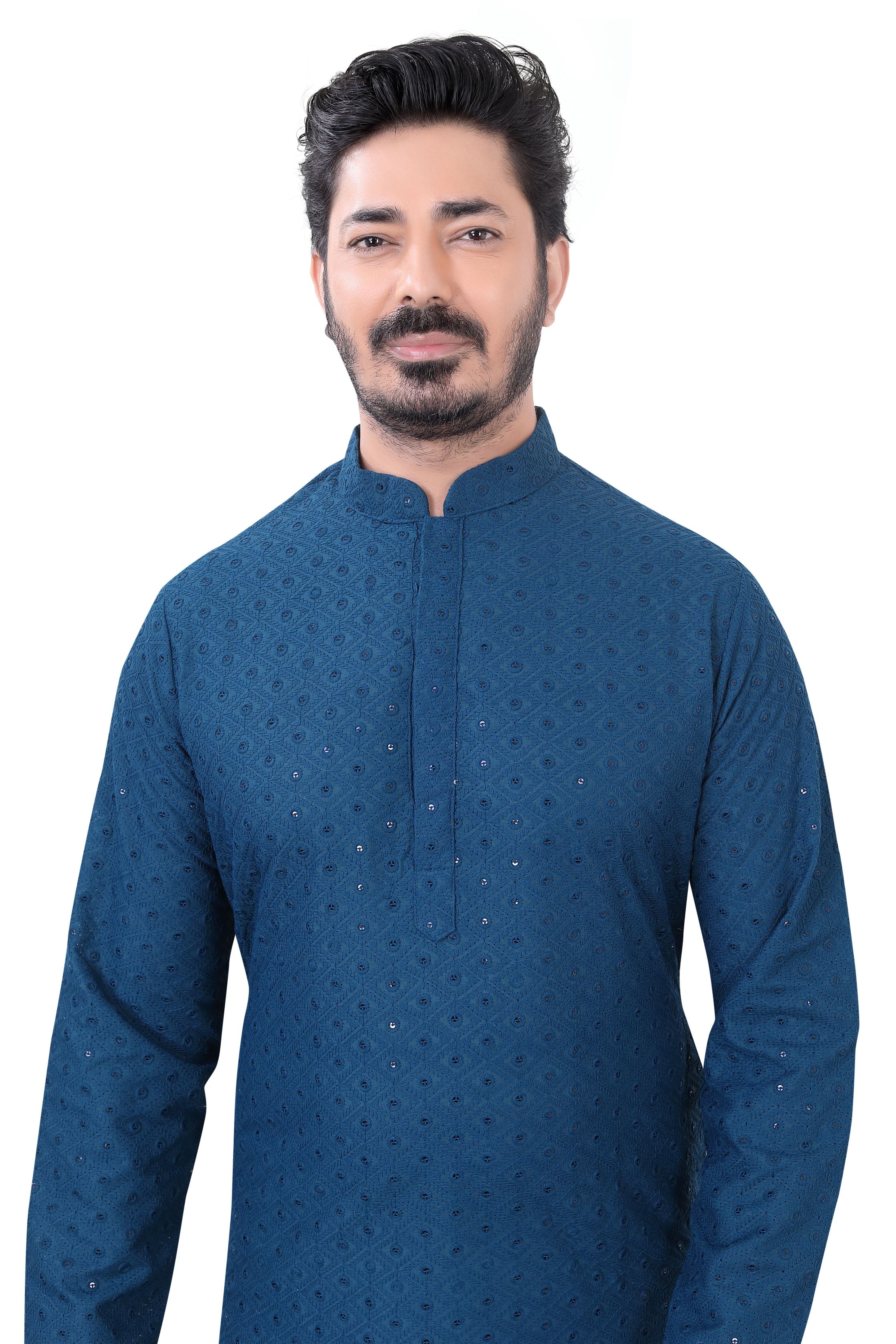 Lucknowi Cotton Kurta Pajama Set in Peacock Blue