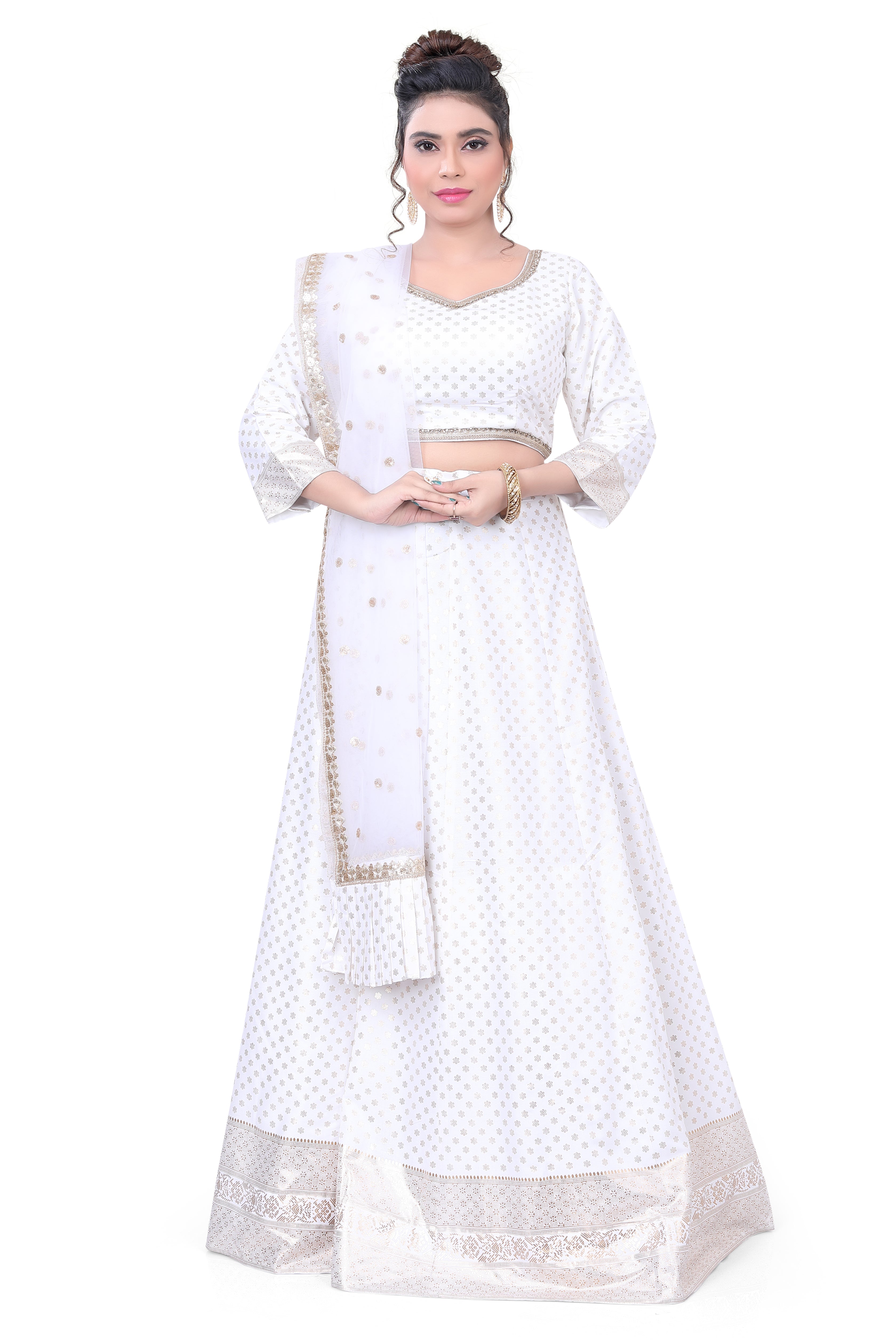 Foil Print Lehenga Choli-White - Premium Partywear Lehenga from Dulhan Exclusives - Just $250! Shop now at Dulhan Exclusives