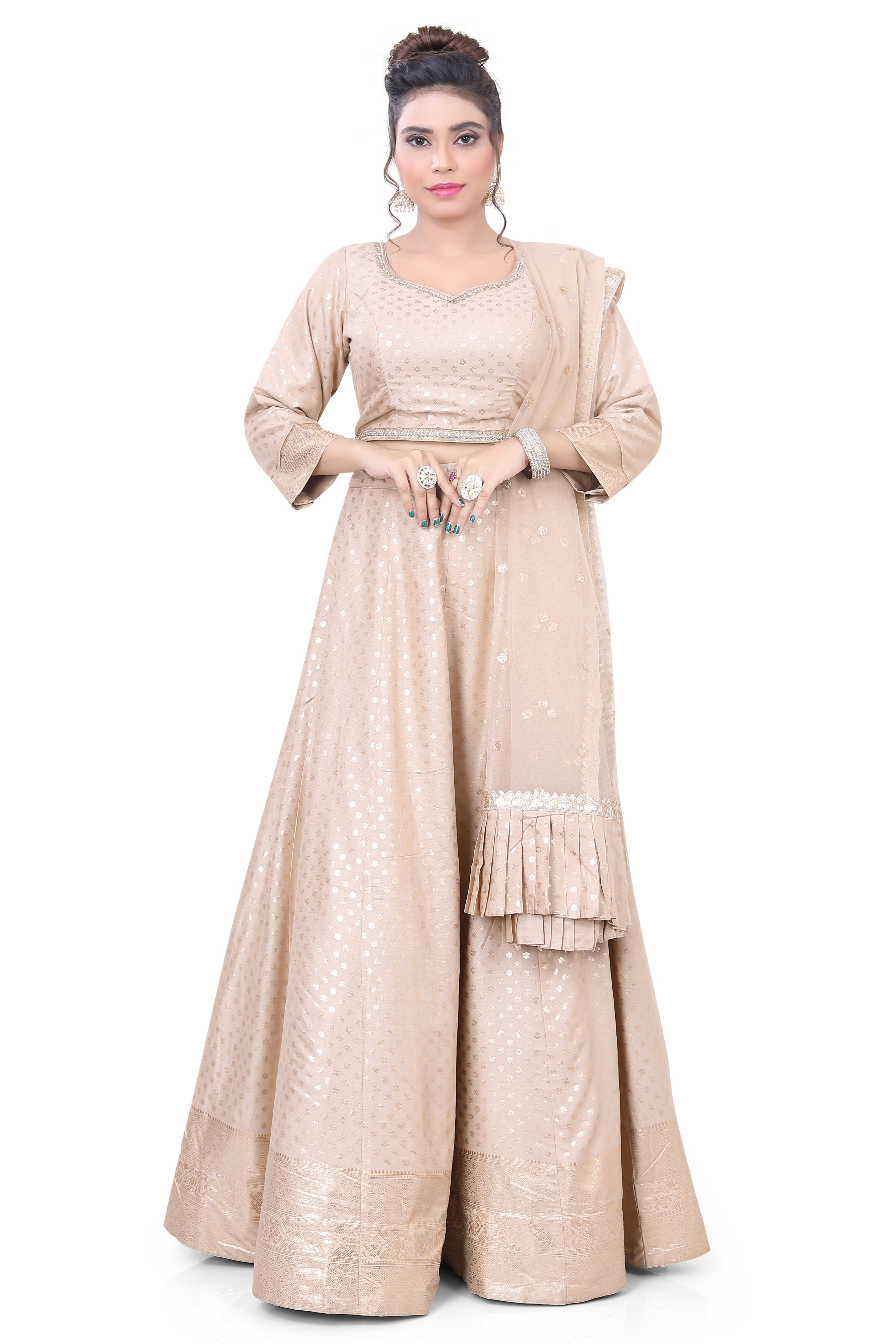 Foil Print Lehenga Choli-Beige - Premium Partywear Lehenga from Dulhan Exclusives - Just $250! Shop now at Dulhan Exclusives