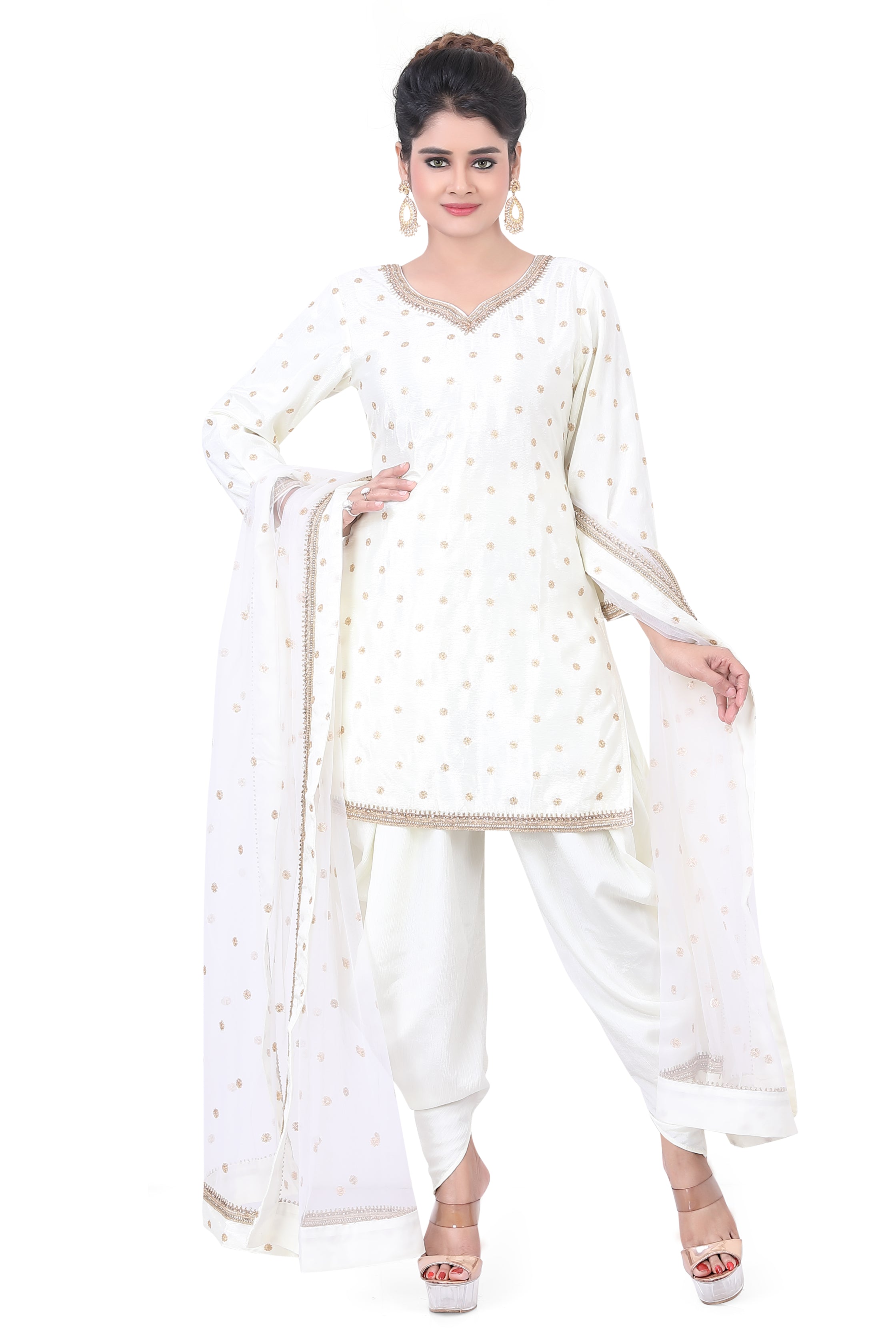 Cream Chinon Dhoti Suit - Premium Festive Wear from Dulhan Exclusives - Just $199! Shop now at Dulhan Exclusives