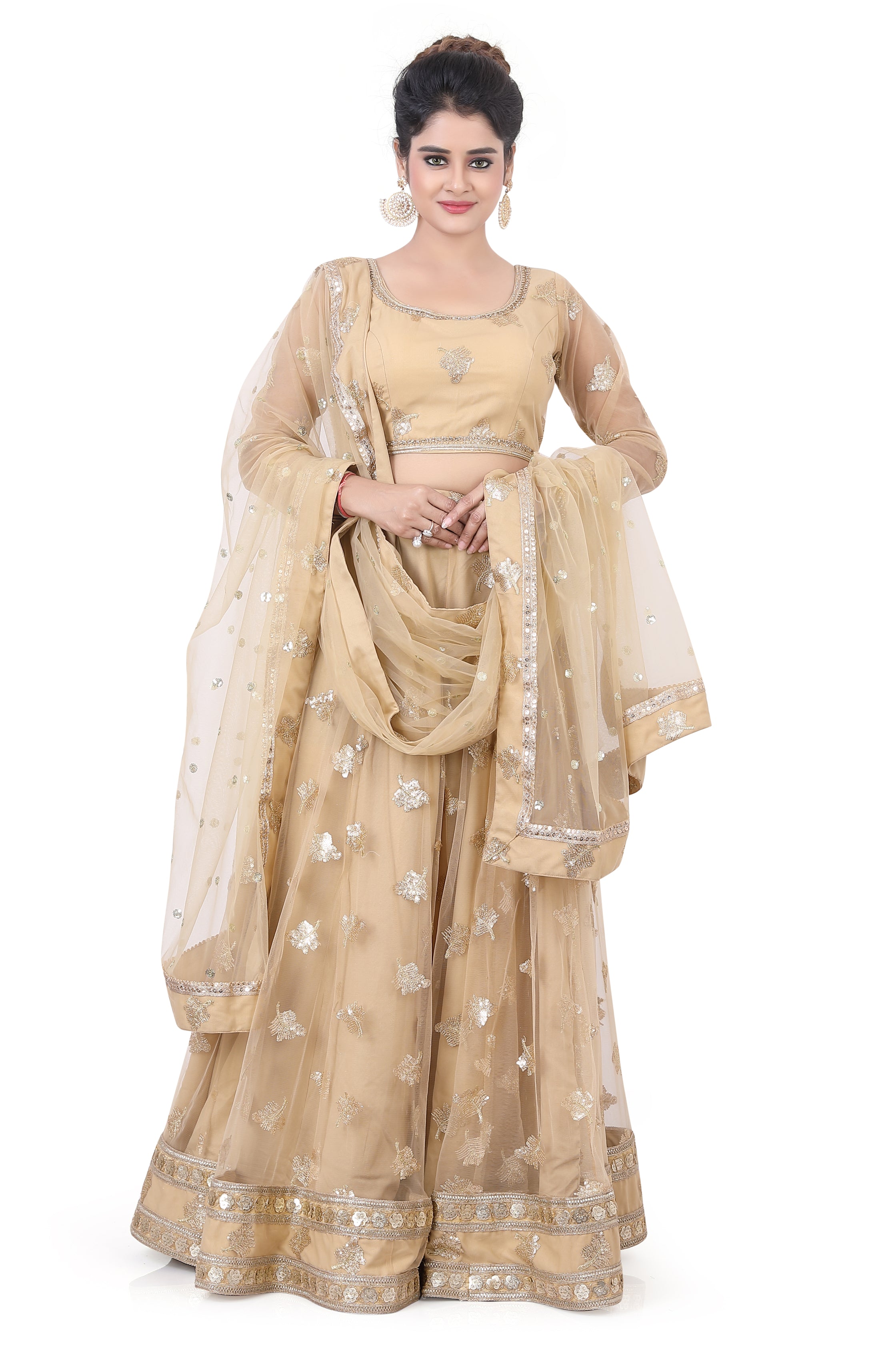 Beige Net Partywear Lehenga Choli - Premium Partywear Lehenga from Dulhan Exclusives - Just $249! Shop now at Dulhan Exclusives