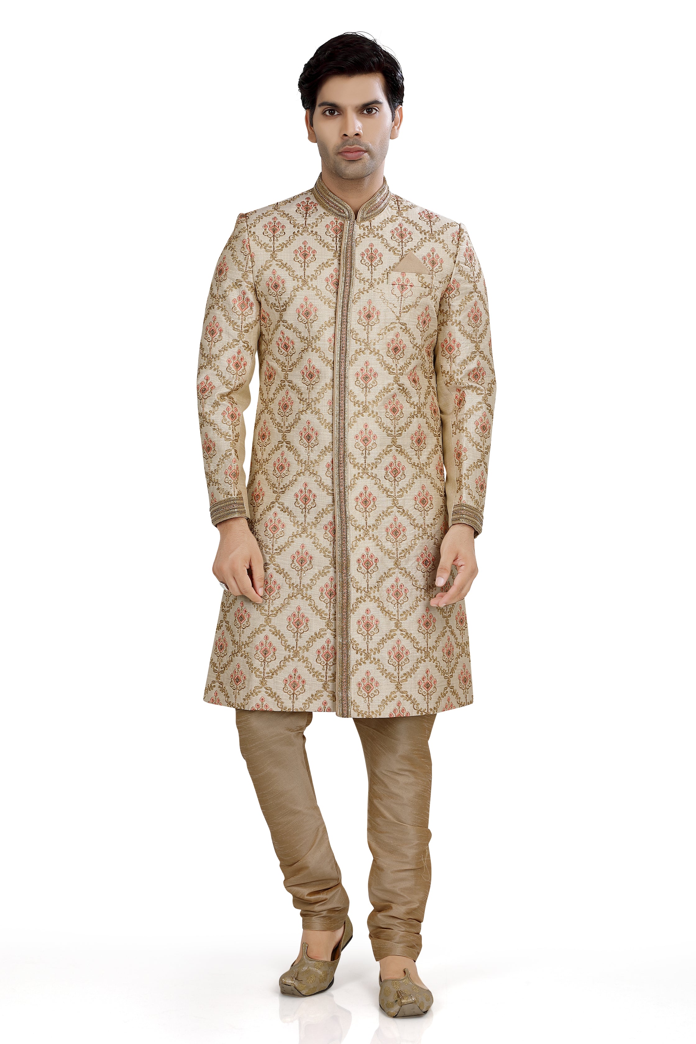 Cream Silk Sherwani with coral color embroidery and hand work SU-D-11 - Premium Sherwani from Dapper Ethnic - Just $485! Shop now at Dulhan Exclusives