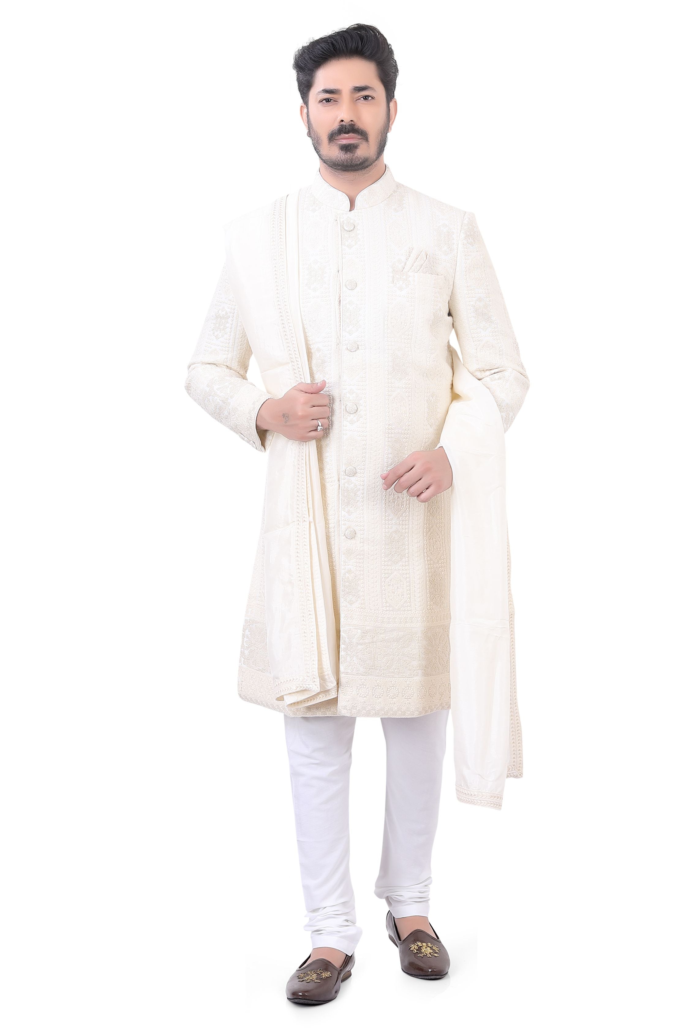 Cream Lucknowi Sherwani  D NO.SR/7007 - Premium Sherwani from Dapper Ethnic - Just $1485! Shop now at Dulhan Exclusives