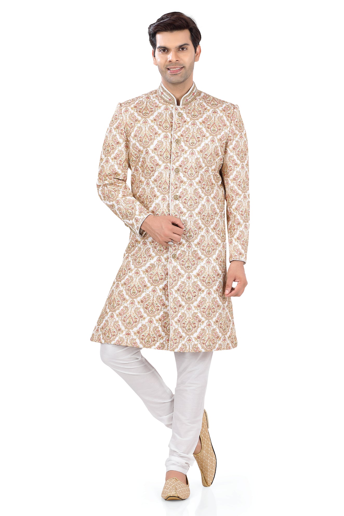 Off White Silk Sherwani with multi color hand work DE-74 - Premium Sherwani from Dapper Ethnic - Just $1785! Shop now at Dulhan Exclusives