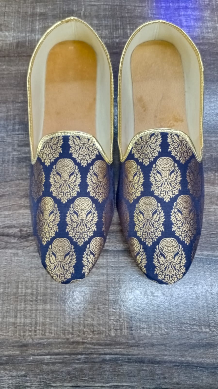 Blue gold Brocade Mojari Shoes for Men Dn-5 - Premium Mojadi from dulhanexclusives - Just $50! Shop now at Dulhan Exclusives