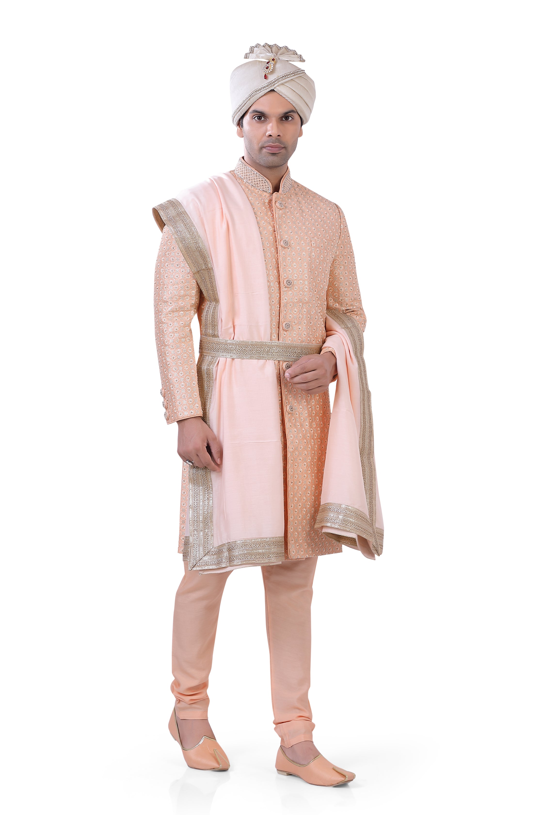 Peach Silk Sherwani  D NO.  SU-HW-16 - Premium Sherwani from Dapper Ethnic - Just $785! Shop now at Dulhan Exclusives