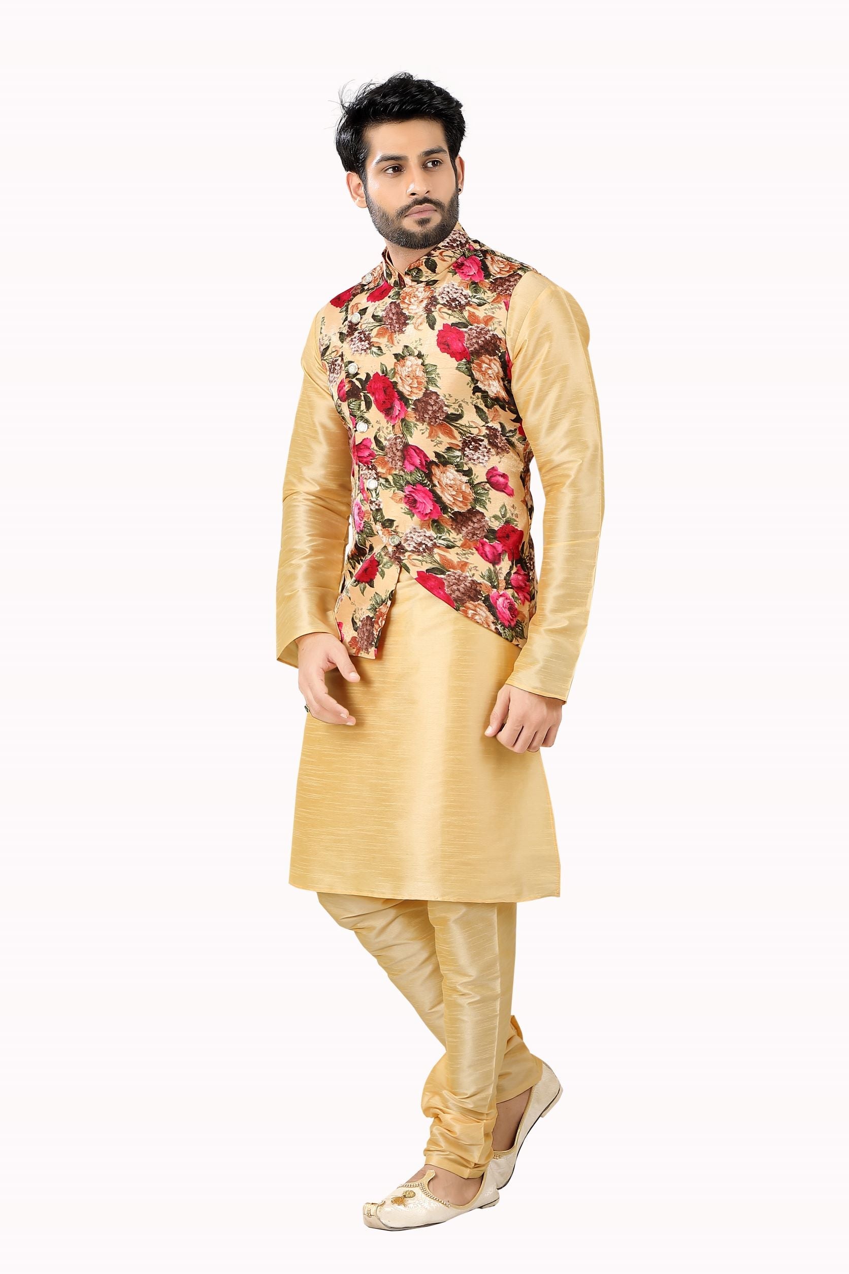 Floral Light gold Vest coat with Dupion Silk Kurta Pajama D NO Sk-135 - Premium 3 pieces Vest coat suit from Dapper Ethnic - Just $99! Shop now at Dulhan Exclusives