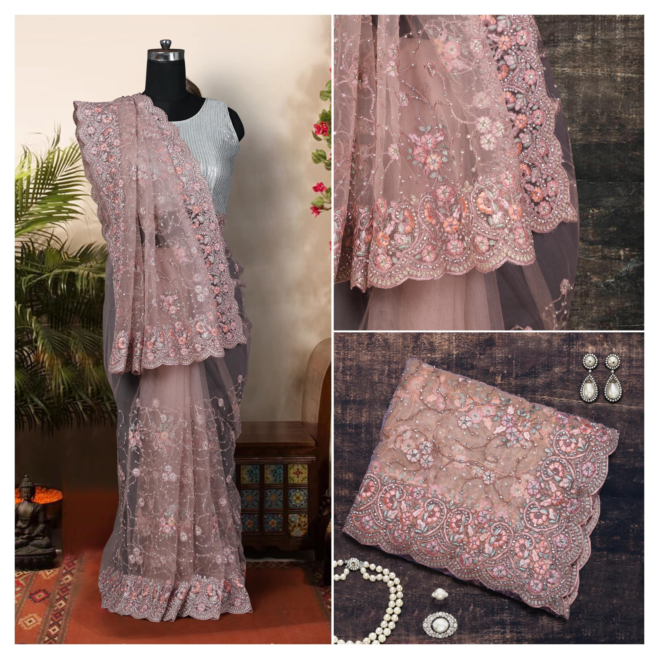Partywear Classic Saree With Embroidery Work in Dusty Peach Color - (Jasmine) - Premium  from vendor-unknown - Just $258! Shop now at Dulhan Exclusives