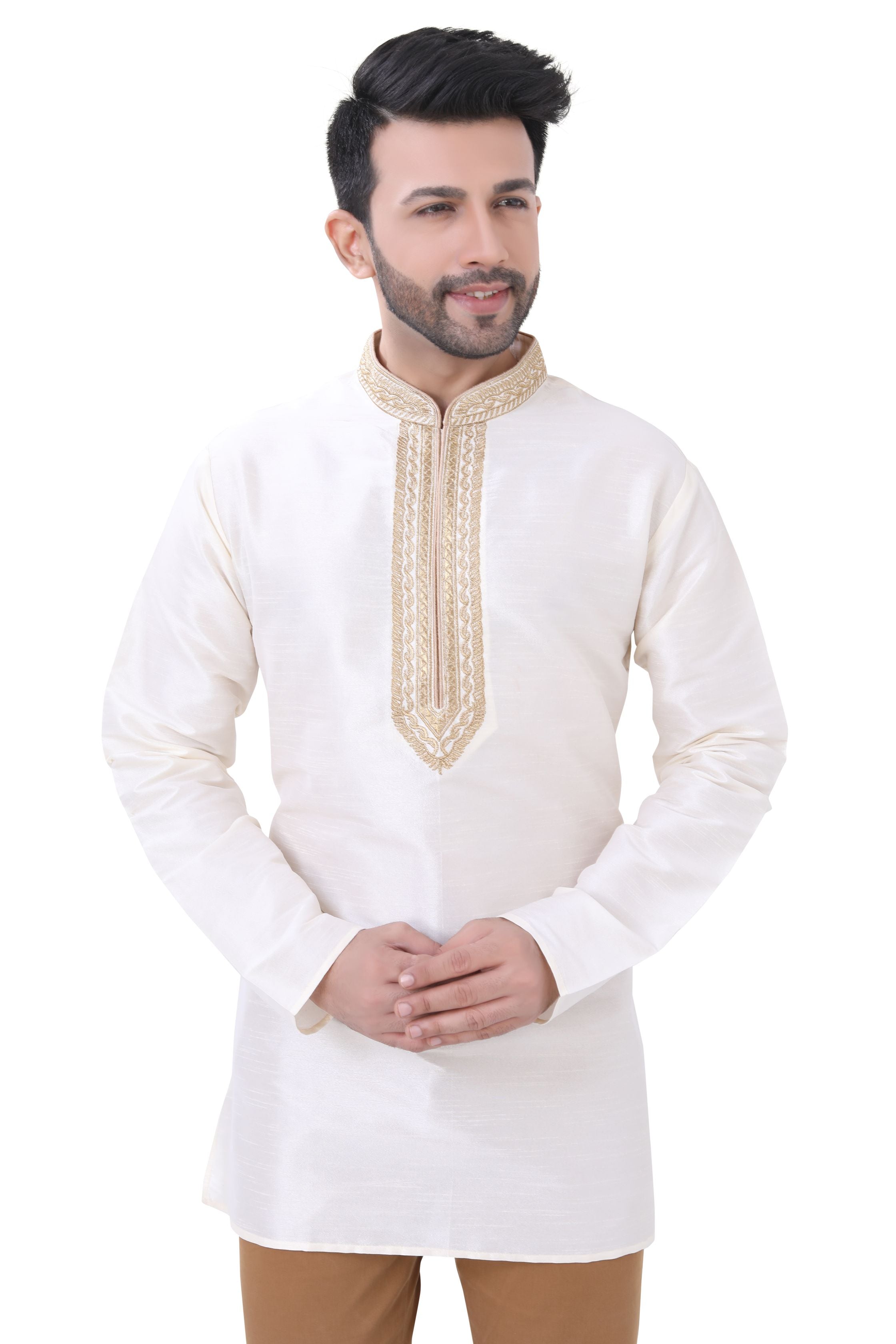 Dupion Silk Short Kurta in off White colour - Premium short kurta from Dapper Ethnic - Just $49! Shop now at Dulhan Exclusives