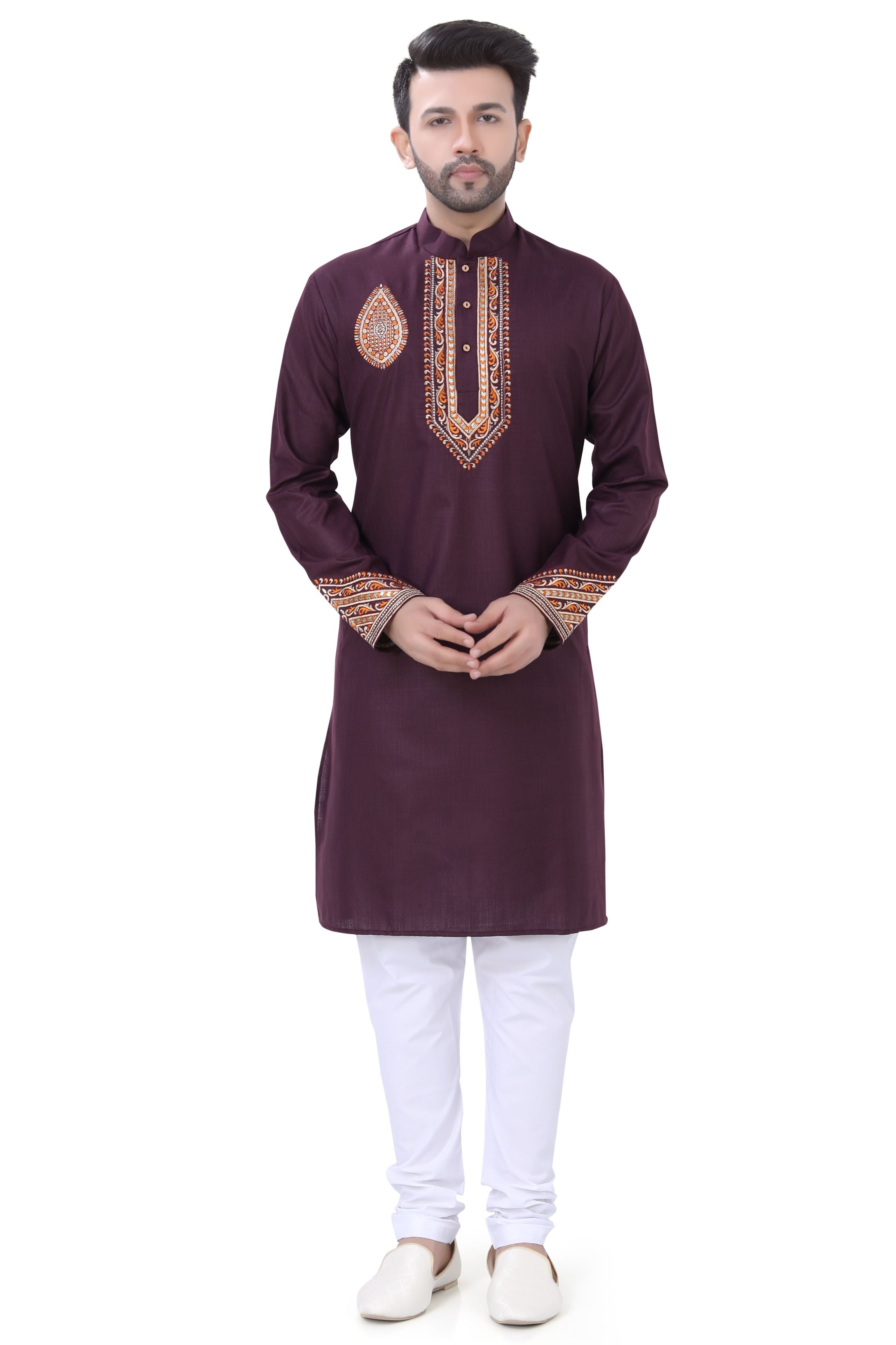 Embroidered Kurta Pajama in Wine Color - Premium Cotton Kurta Pajama from Dapper Ethnic - Just $79! Shop now at Dulhan Exclusives
