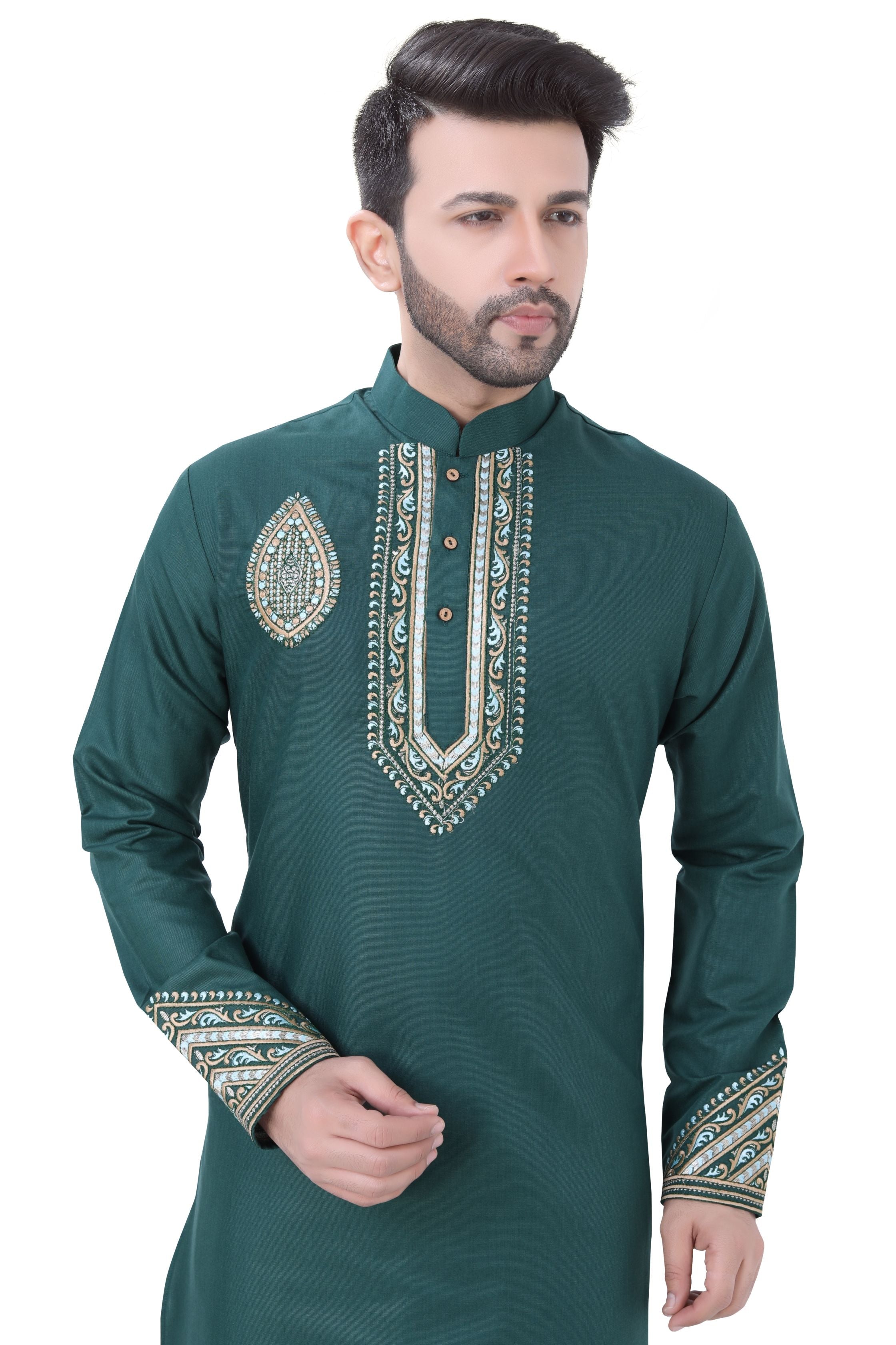 Embroidered Kurta Pajama in Bottle Green Color - Premium Cotton Kurta Pajama from Dapper Ethnic - Just $79! Shop now at Dulhan Exclusives