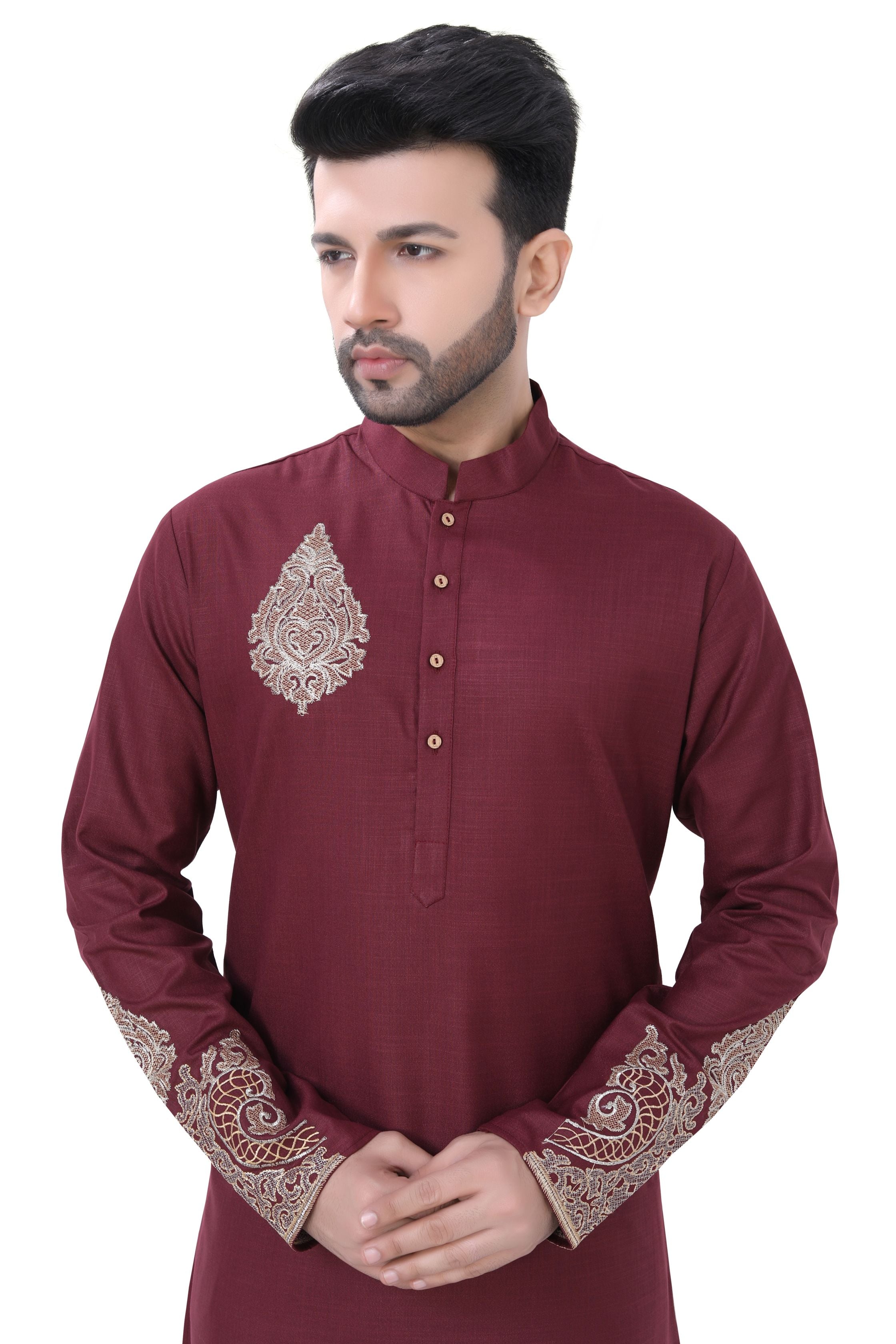 Embroidered Kurta Pajama in Maroon Color - Premium Cotton Kurta Pajama from Dapper Ethnic - Just $79! Shop now at Dulhan Exclusives