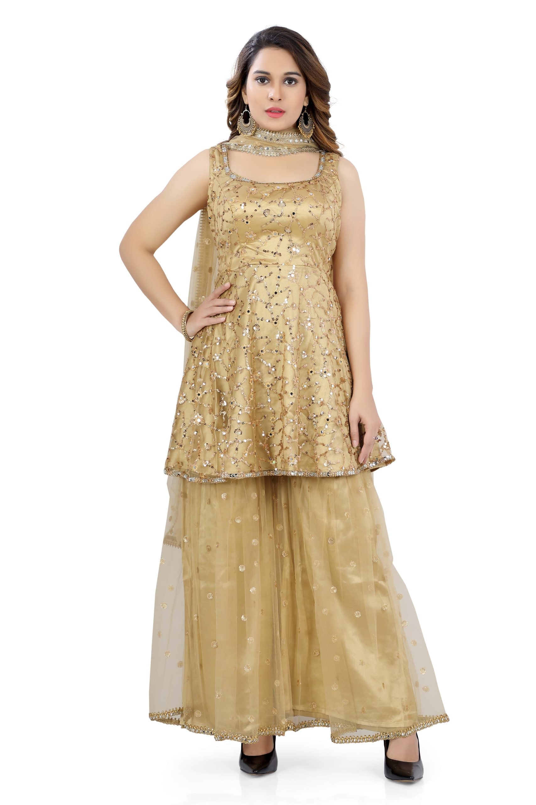 Gharara Suit Golden Color with Heavy Work - Premium partywear gharara from Dulhan Exclusives - Just $99! Shop now at Dulhan Exclusives