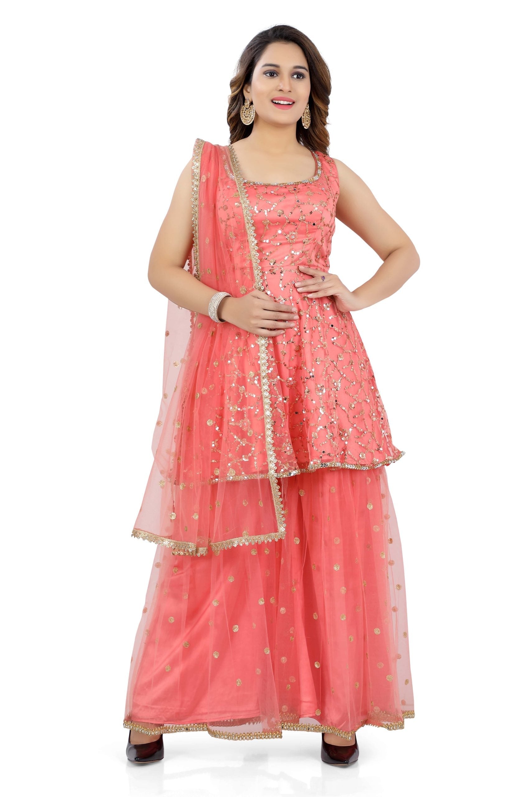 Gharara Suit Coral Color with Heavy Work - Premium partywear gharara from Dulhan Exclusives - Just $99! Shop now at Dulhan Exclusives