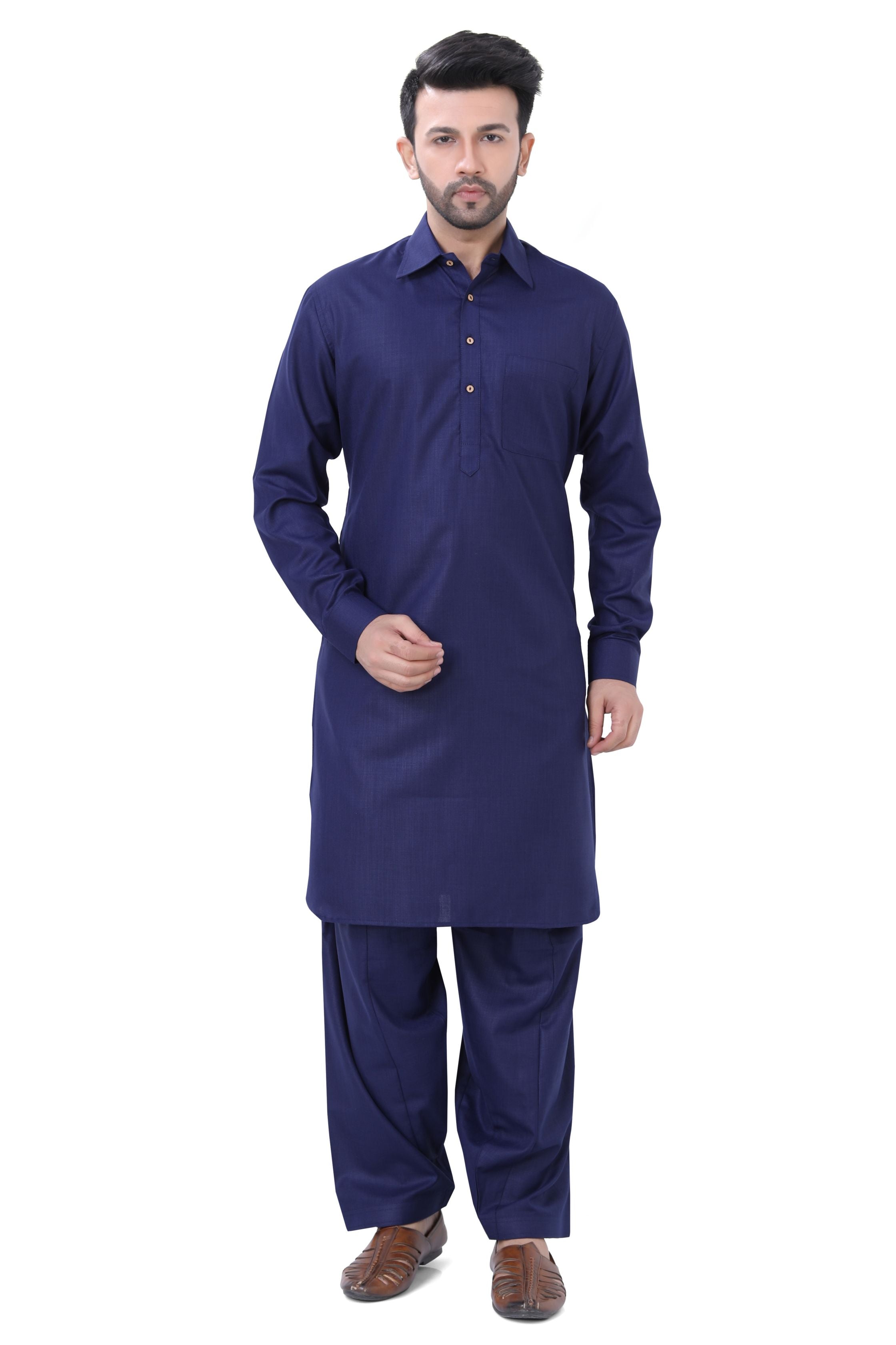 Cotton Pathani Kurta Salwar Suit in Navy Blue Colour - Premium Cotton Kurta Pajama from Dapper Ethnic - Just $59! Shop now at Dulhan Exclusives