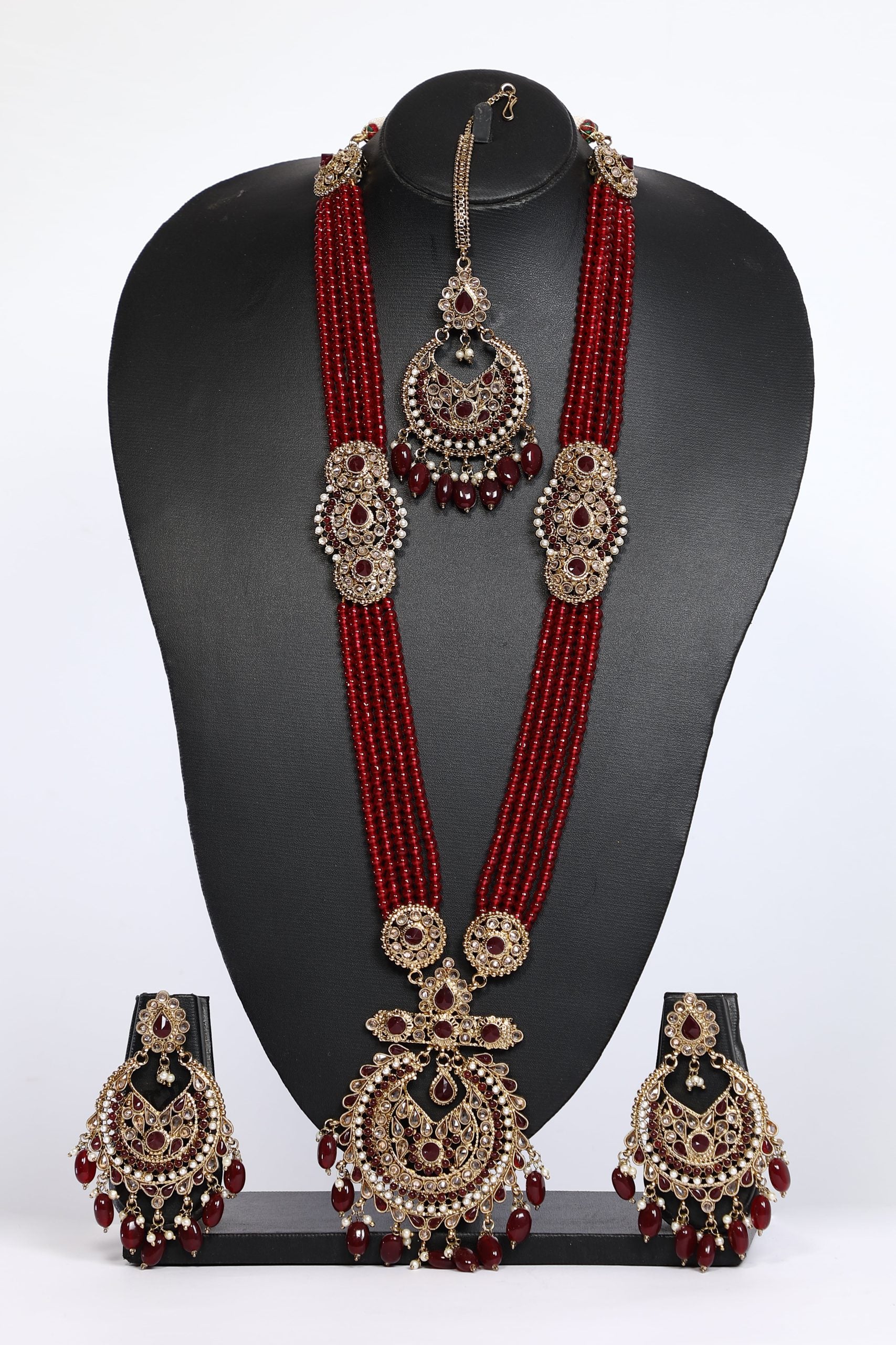 Bridal Maroon Long Necklace Set 3596
