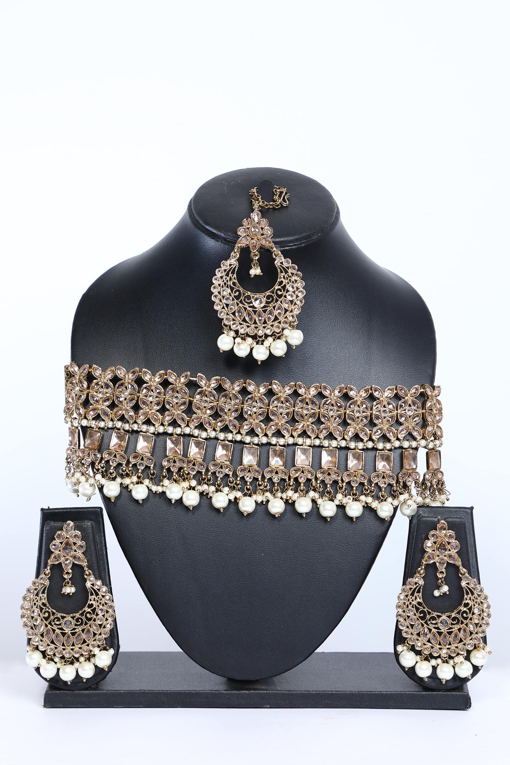 Golden Stone Studded Choker Necklace Set - 6278 - Premium  from vendor-unknown - Just $122! Shop now at Dulhan Exclusives