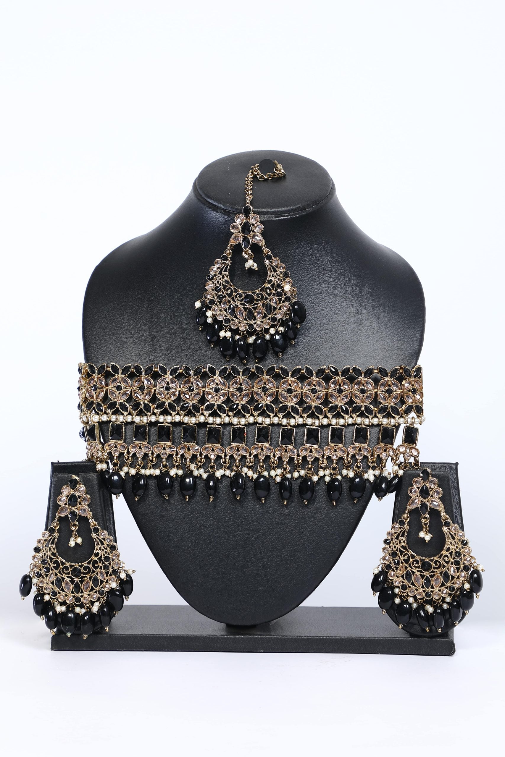 Golden & Black Stone Studded Choker Necklace Set - 6278 - Premium  from vendor-unknown - Just $122! Shop now at Dulhan Exclusives
