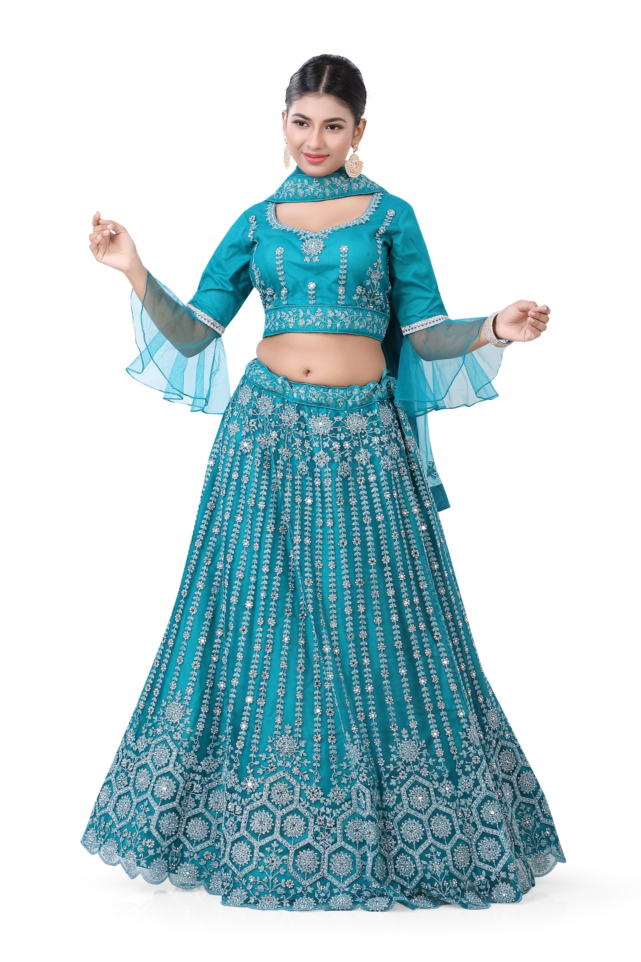 Firozi Blue Lehenga Choli - Premium Partywear Lehenga from Dulhan Exclusives - Just $435! Shop now at Dulhan Exclusives