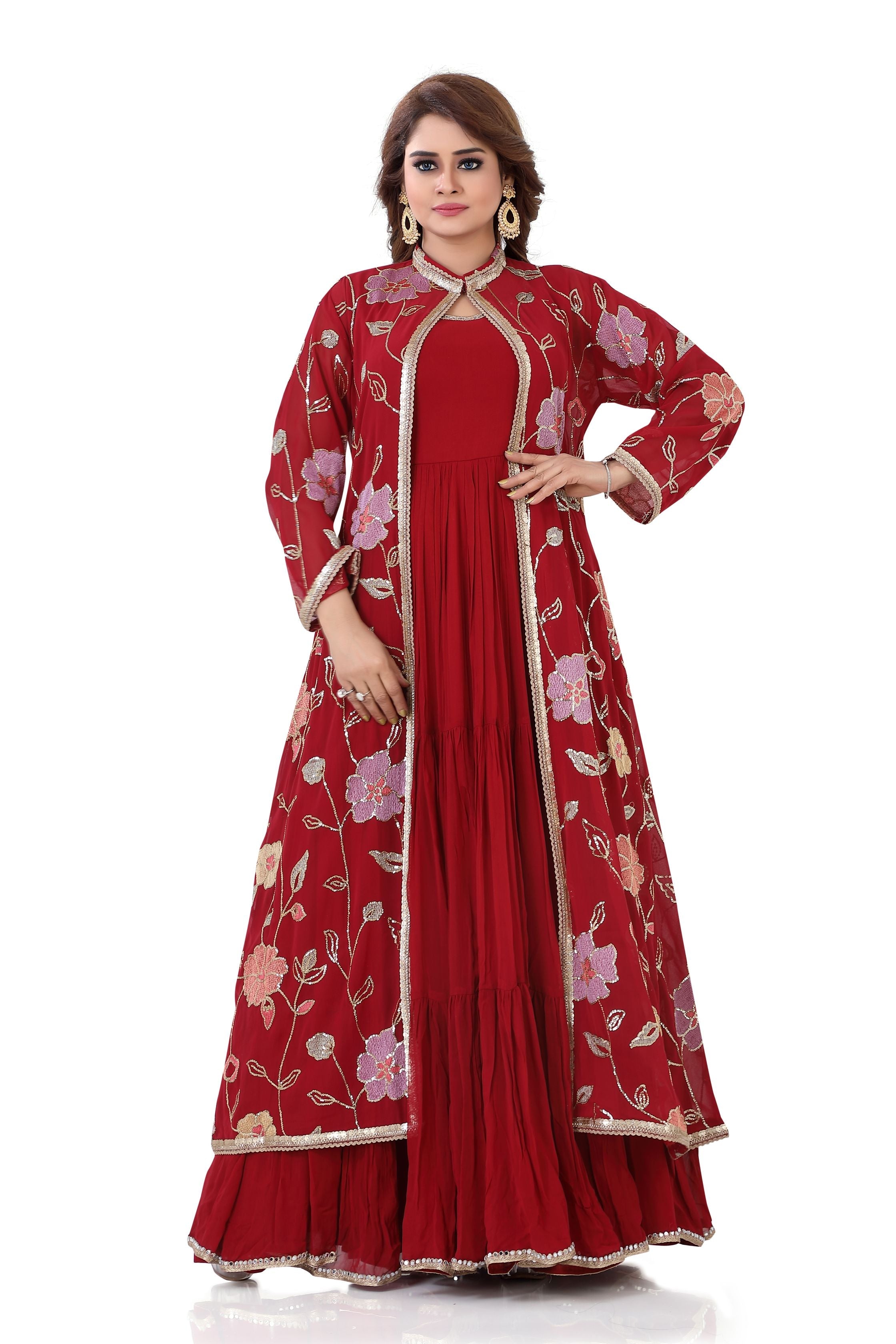Floral Indo Western Suit in Cherry Red - Premium Partywear Dress from Dulhan Exclusives - Just $249! Shop now at Dulhan Exclusives