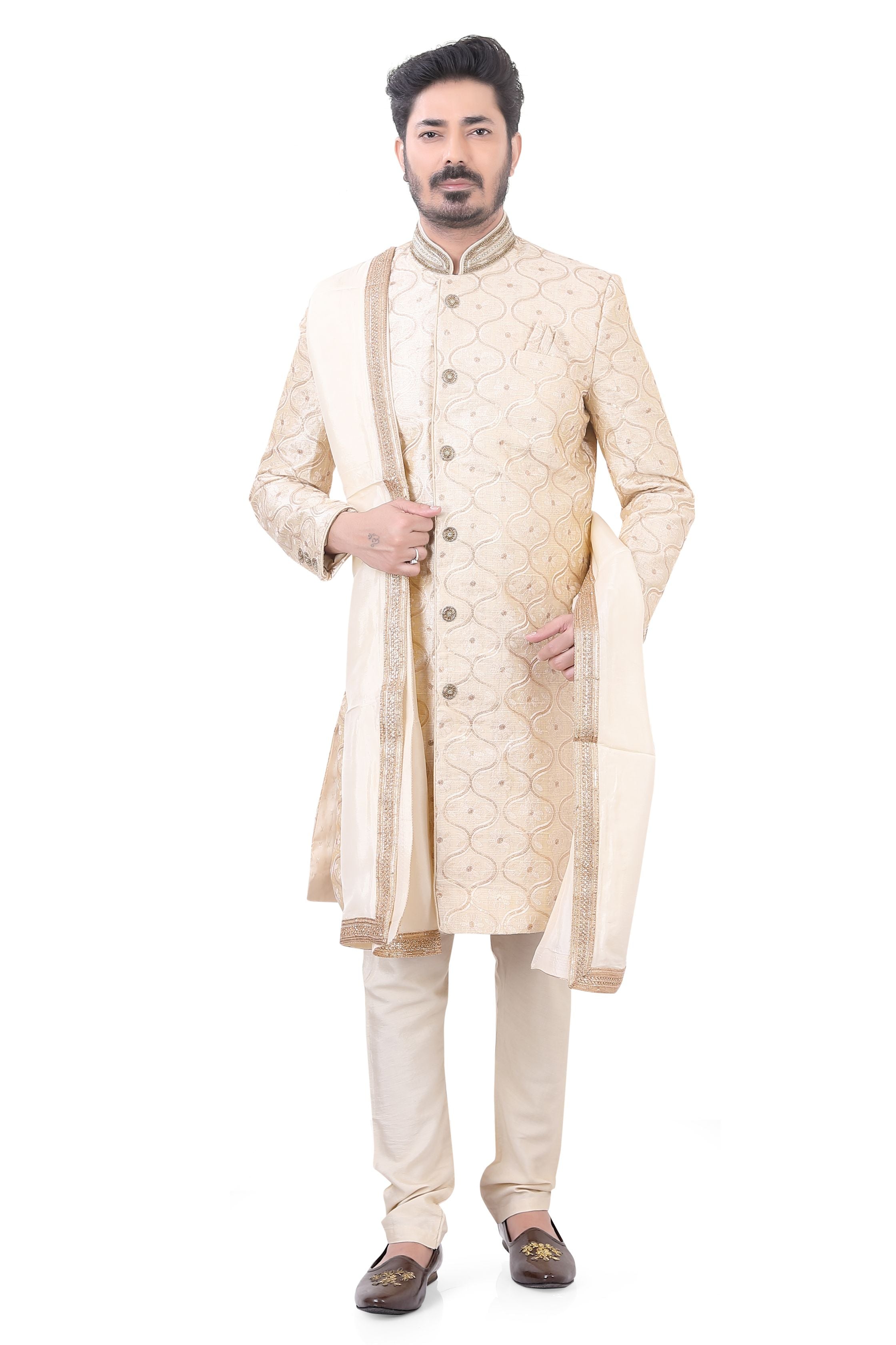 Gold Sherwani set D NO.-SR/7003 - Premium Sherwani from Dapper Ethnic - Just $785! Shop now at Dulhan Exclusives