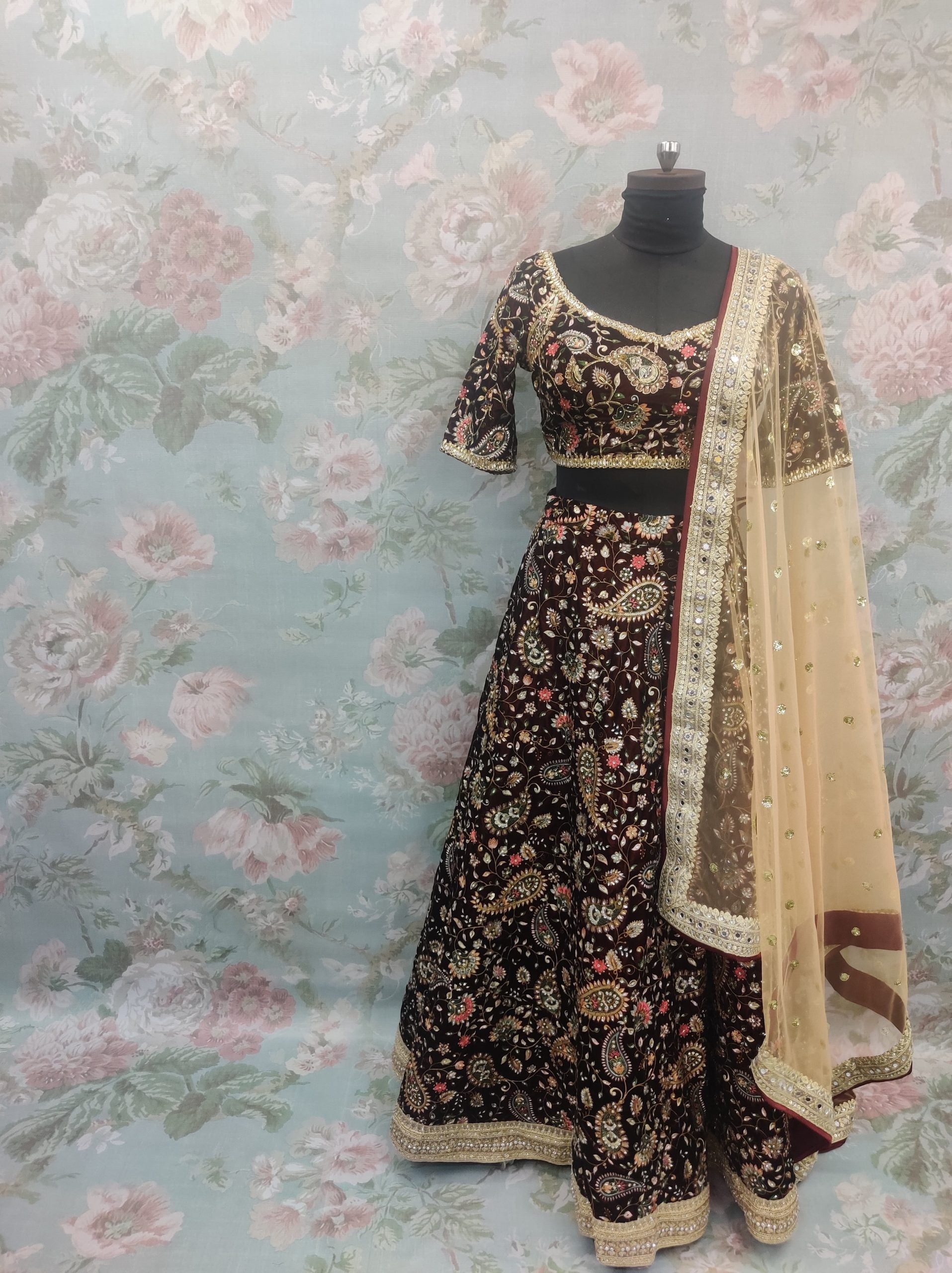 Embroidered Velvet Lehenga in Maroon - Premium Partywear Lehenga from Dulhan Exclusives - Just $585! Shop now at Dulhan Exclusives