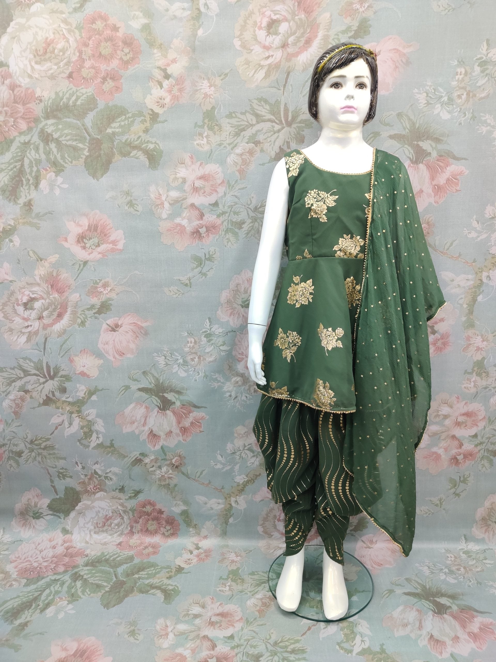 Girls Green Ethnic Kurti with Dhoti Pants & Dupatta