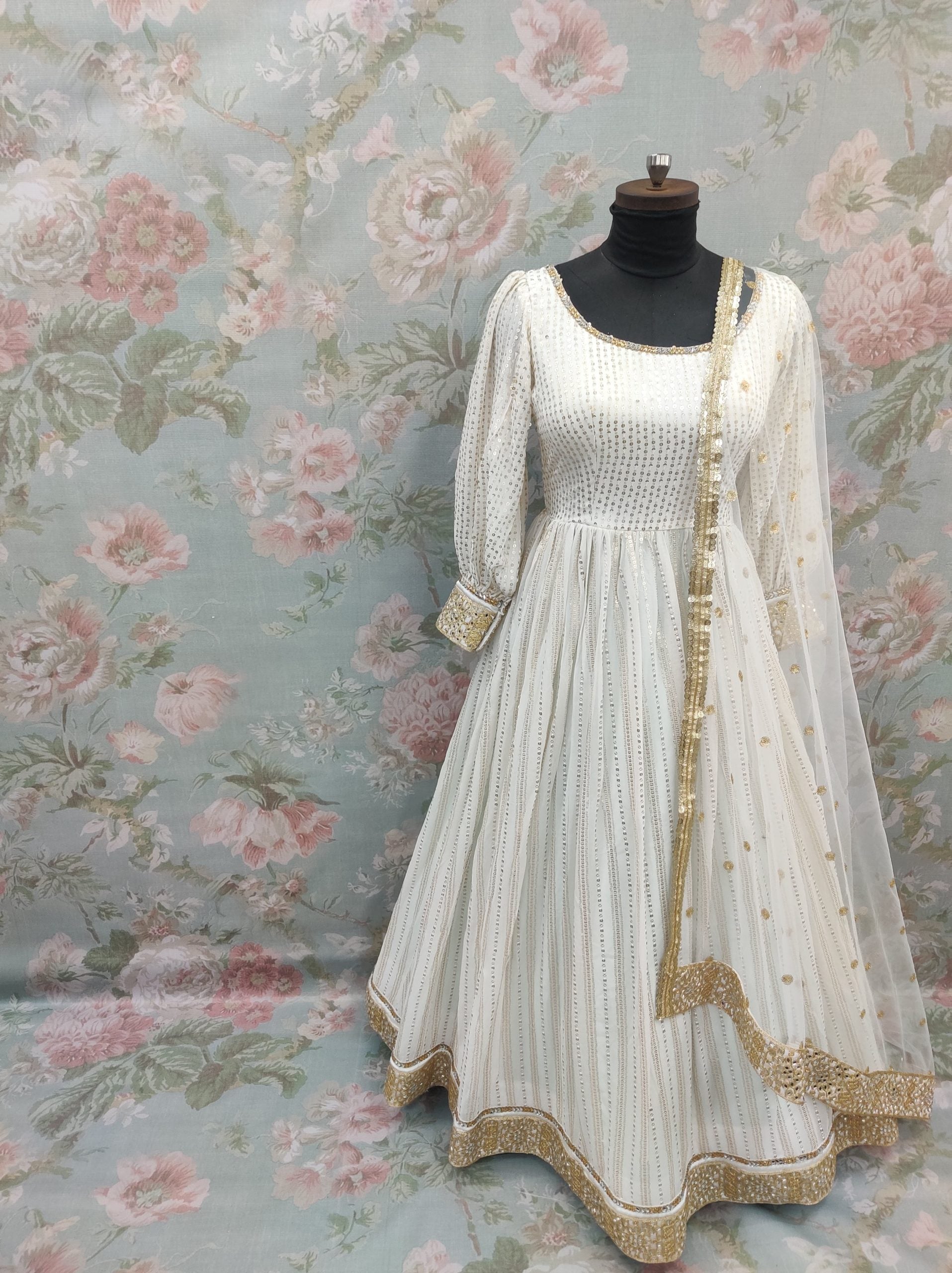 Long Aanarkali Off White Gown
