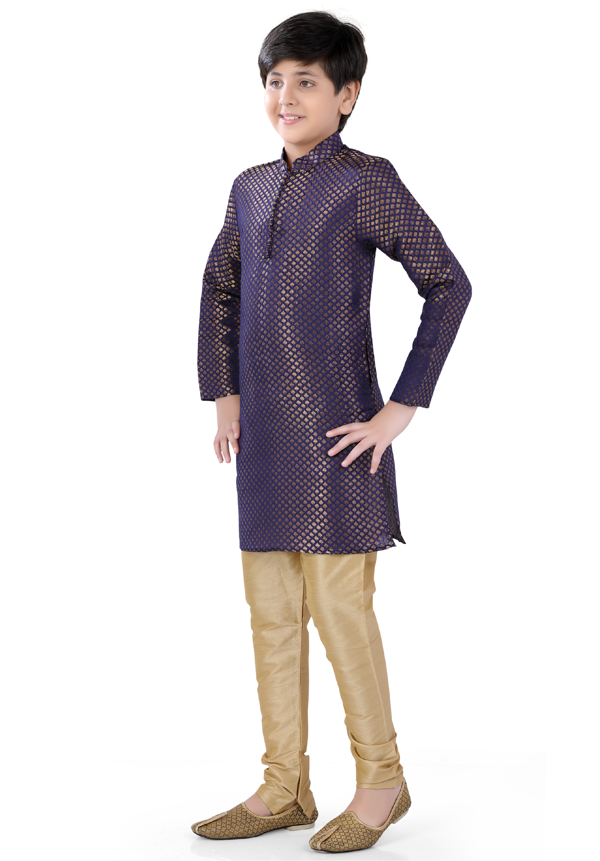 Boys Banarasi Silk Dress Set in Navy Blue