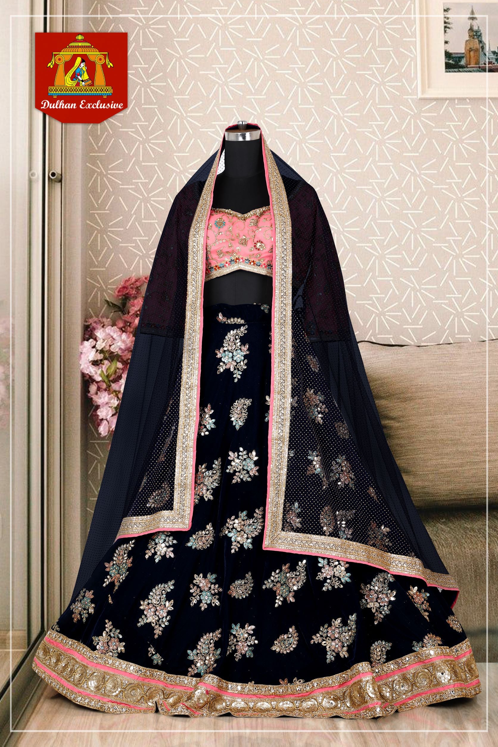 Exclusive Velvet Lehenga Choli in Navy Blue - Premium Partywear Lehenga from Dulhan Exclusives - Just $735! Shop now at Dulhan Exclusives