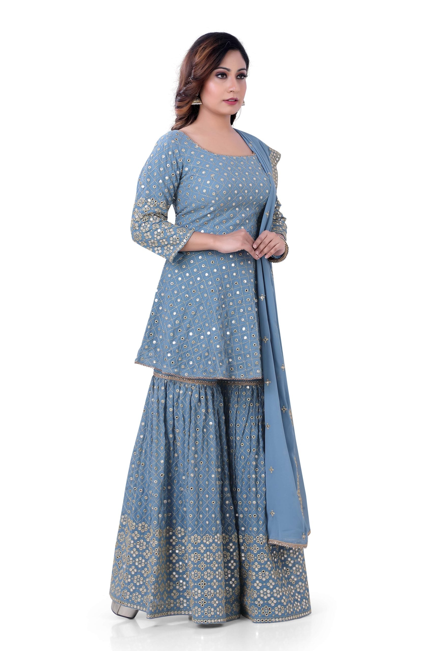 Dusty Blue Georgette Sharara Style Suit - Premium Partywear Dress from Dulhan Exclusives - Just $199! Shop now at Dulhan Exclusives