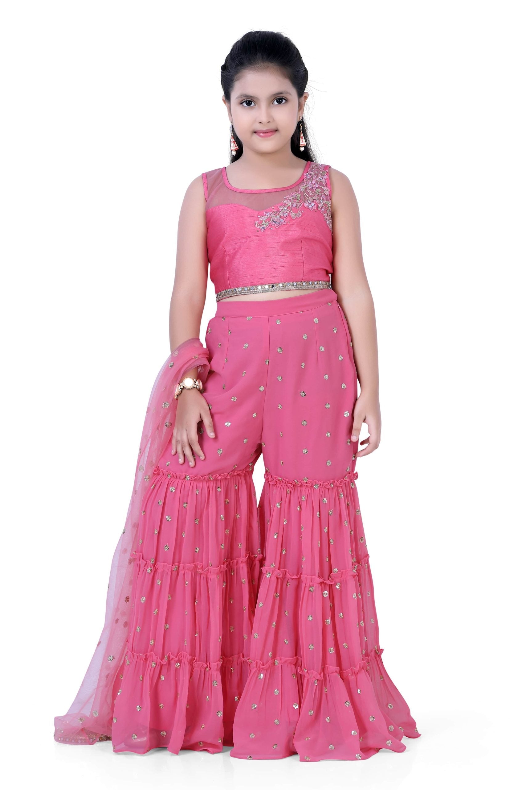 Girls Top & Gazing Palazzo With Dupatta in Rose Pink Color